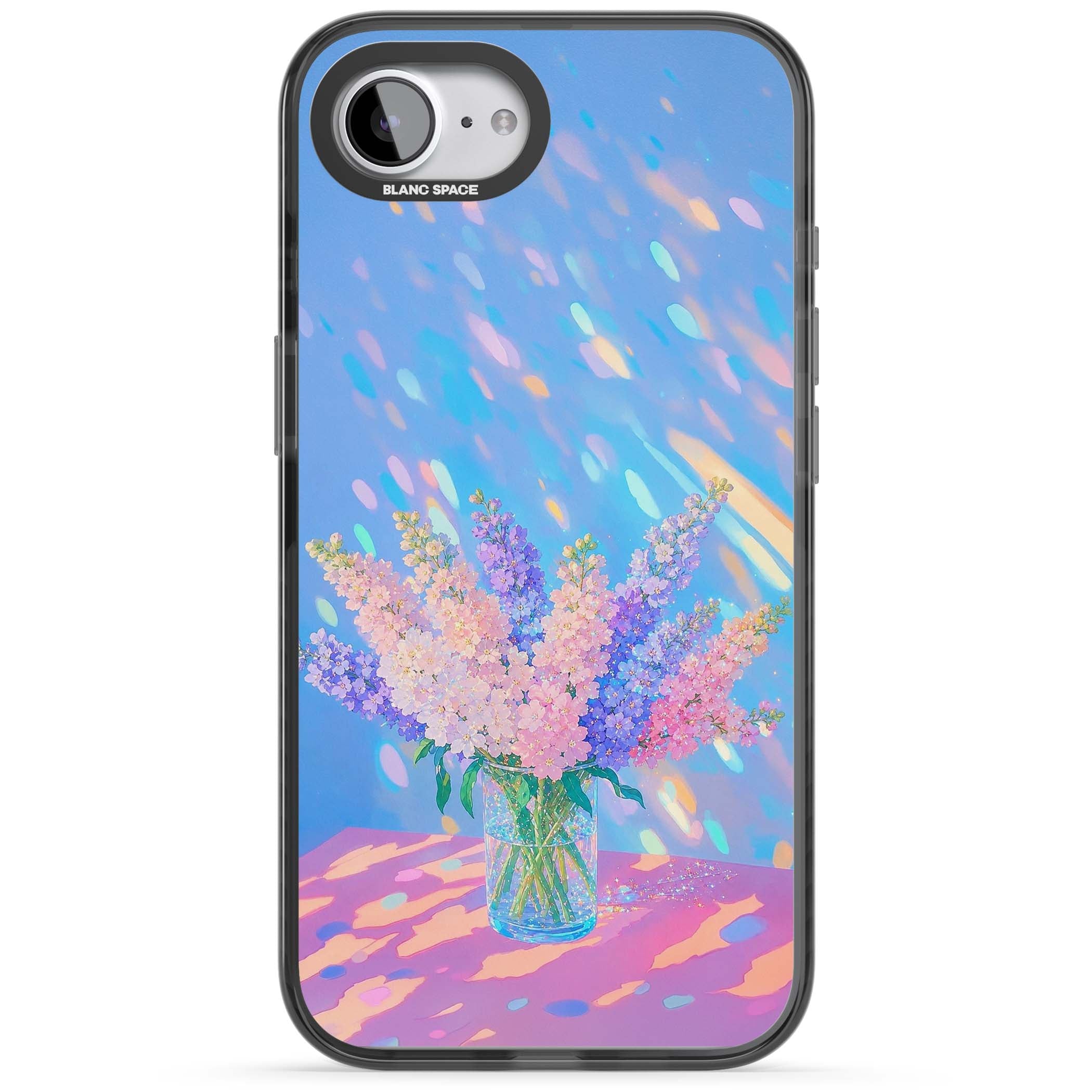 Bubblegum Flowers floral iPhone case featuring pastel lilac and pink bouquet in a glass vase with iridescent light | Black Impact Magsafe case for iPhone 16e, iPhone 17e