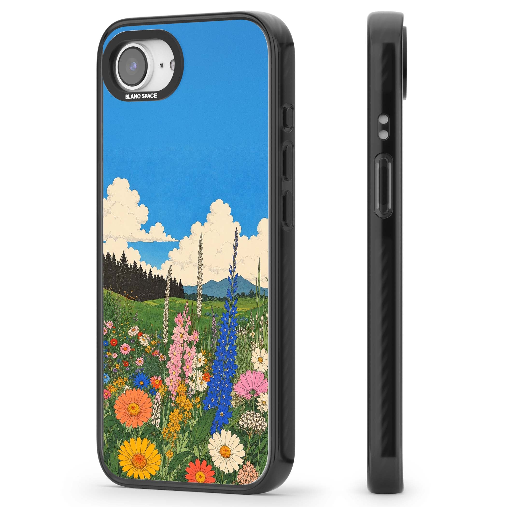 Wildbloom wildflower iPhone case featuring a vintage Japanese-style meadow landscape with daisies, delphiniums and moun | Black Impact Magsafe case for iPhone 16e, iPhone 17e