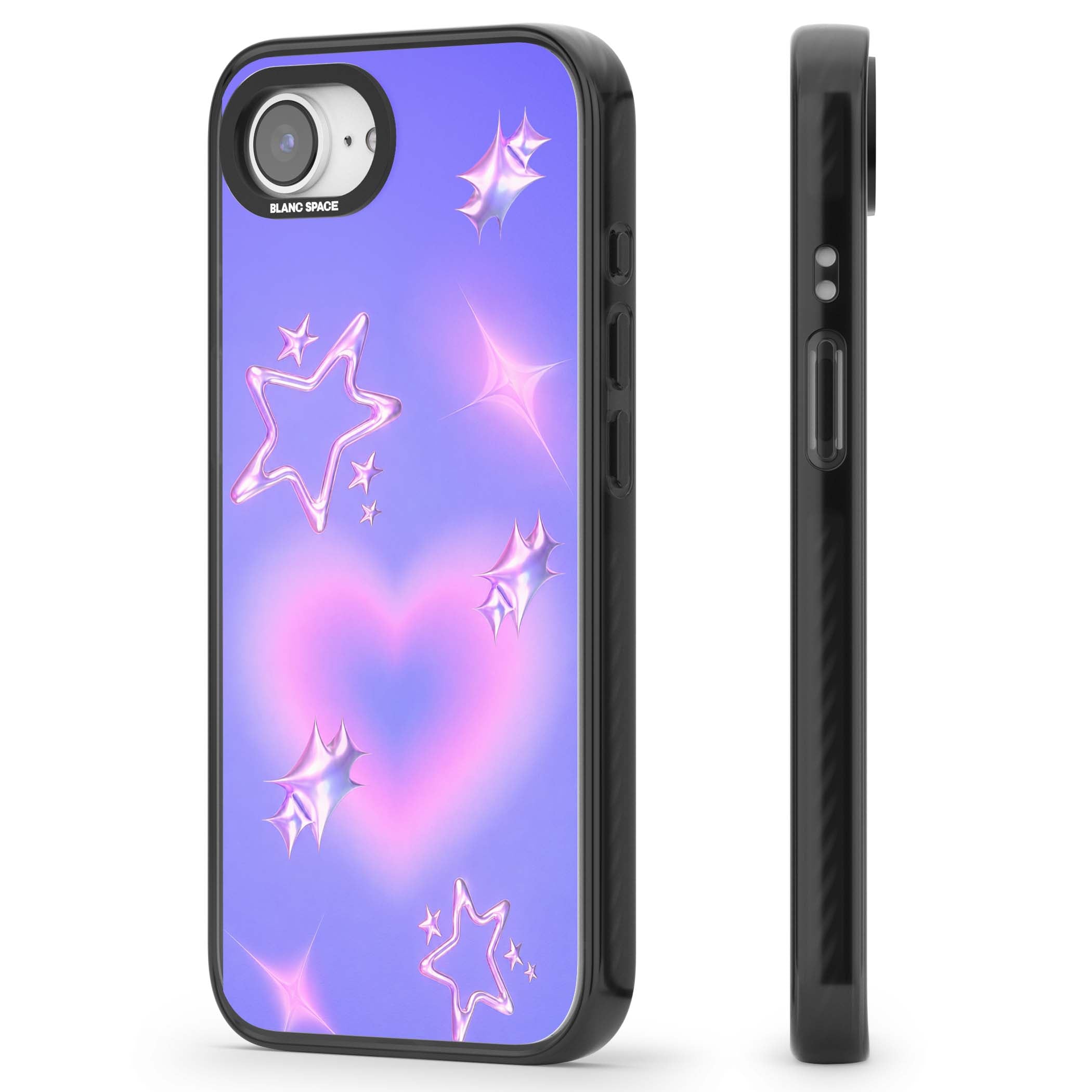 Soft Sugar Y2K iPhone case featuring iridescent chrome hearts, metallic pink stars and a lavender gradient sky | Black Impact Magsafe case for iPhone 16e, iPhone 17e