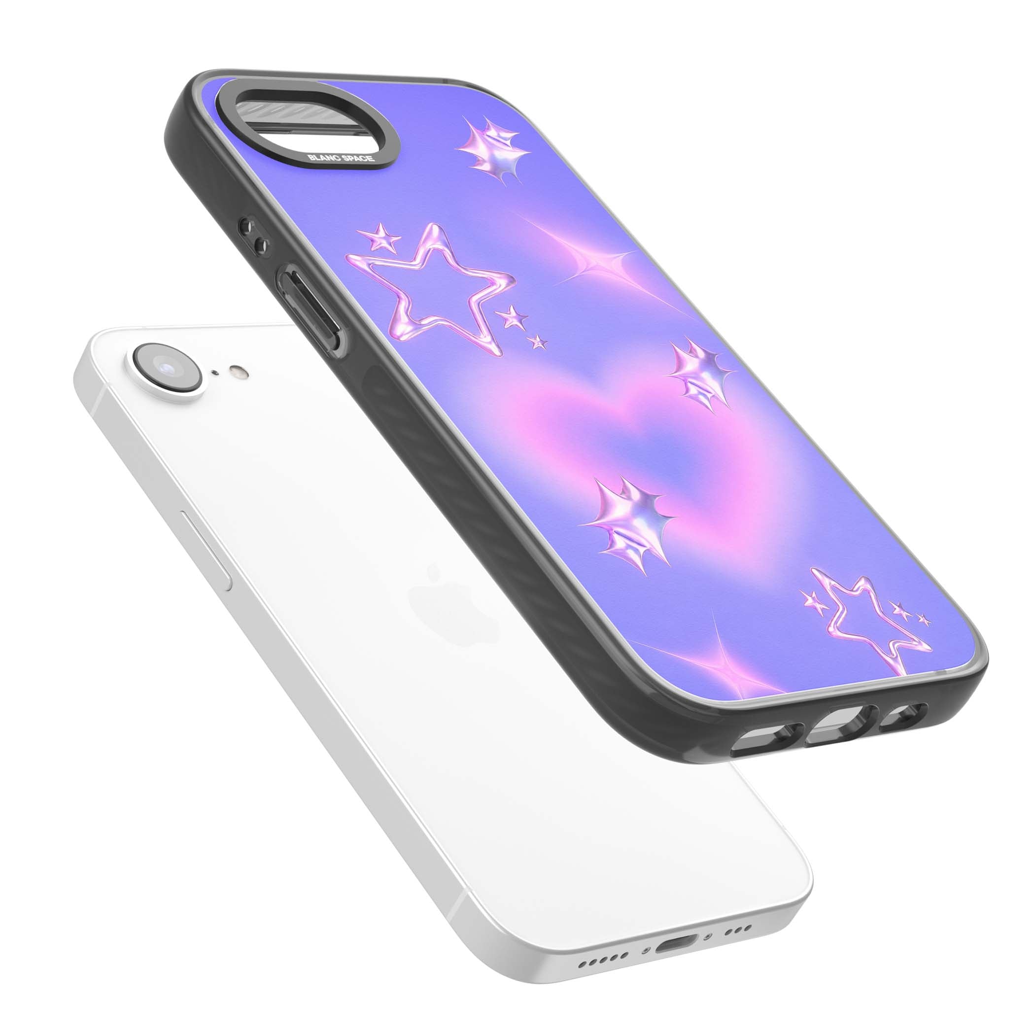 Soft Sugar Y2K iPhone case featuring iridescent chrome hearts, metallic pink stars and a lavender gradient sky | Black Impact Magsafe case for iPhone 16e, iPhone 17e