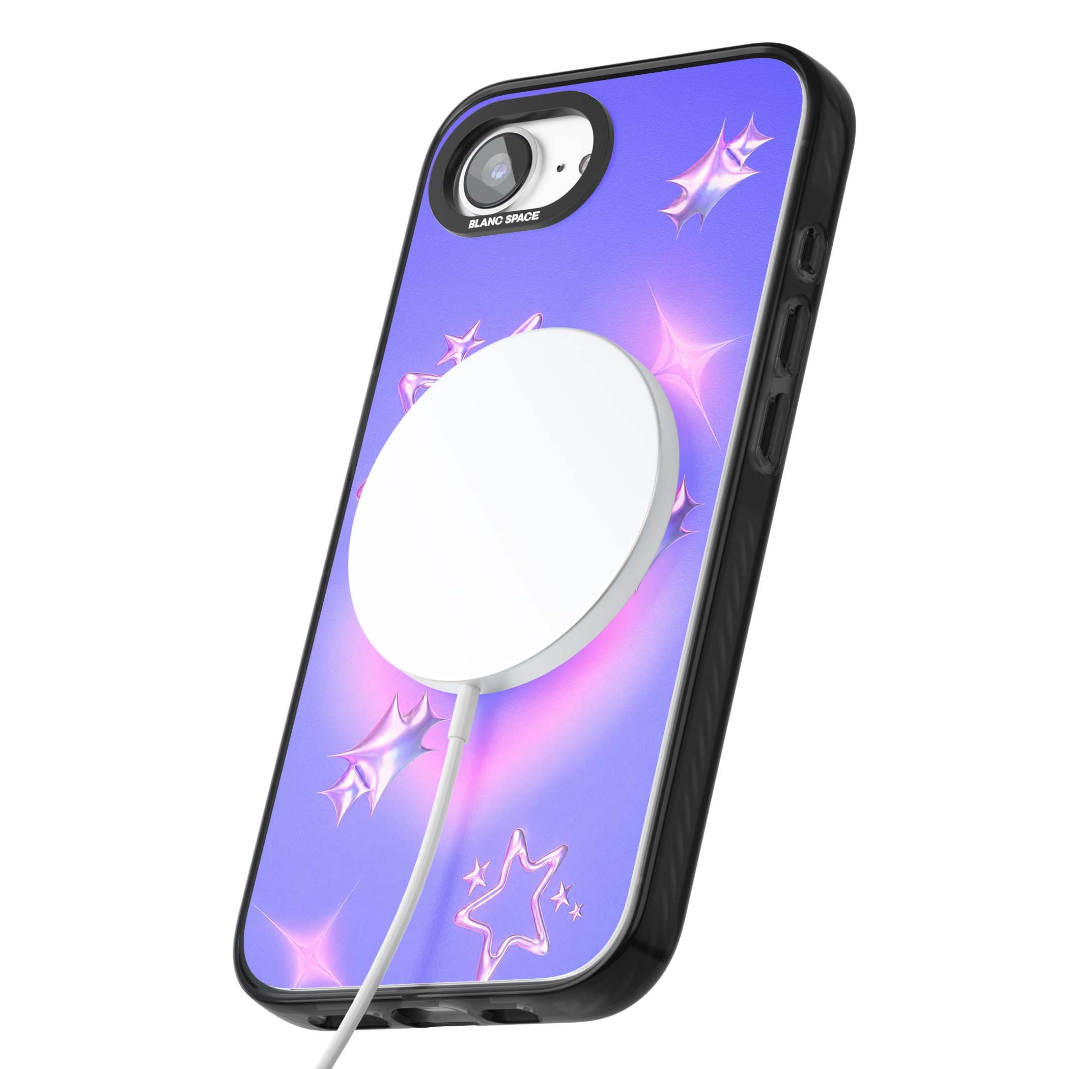 Soft Sugar Y2K iPhone case featuring iridescent chrome hearts, metallic pink stars and a lavender gradient sky | Black Impact Magsafe case for iPhone 16e, iPhone 17e
