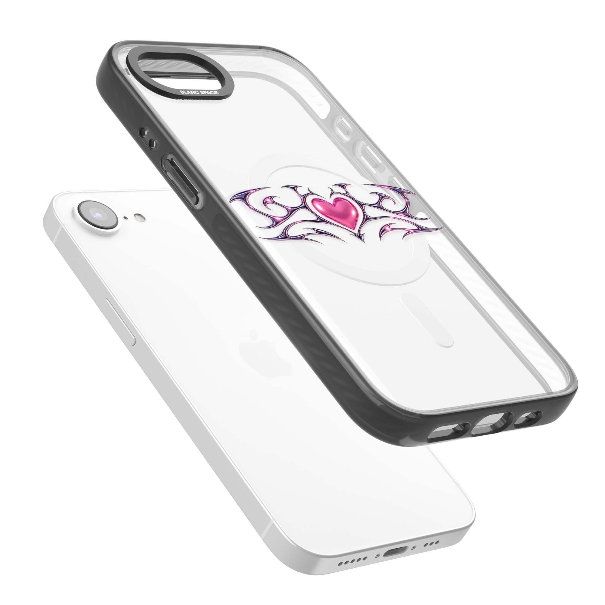 Pink Chrome Heart y2k iPhone case | Black Impact Magsafe case for iPhone 16e, iPhone 17e