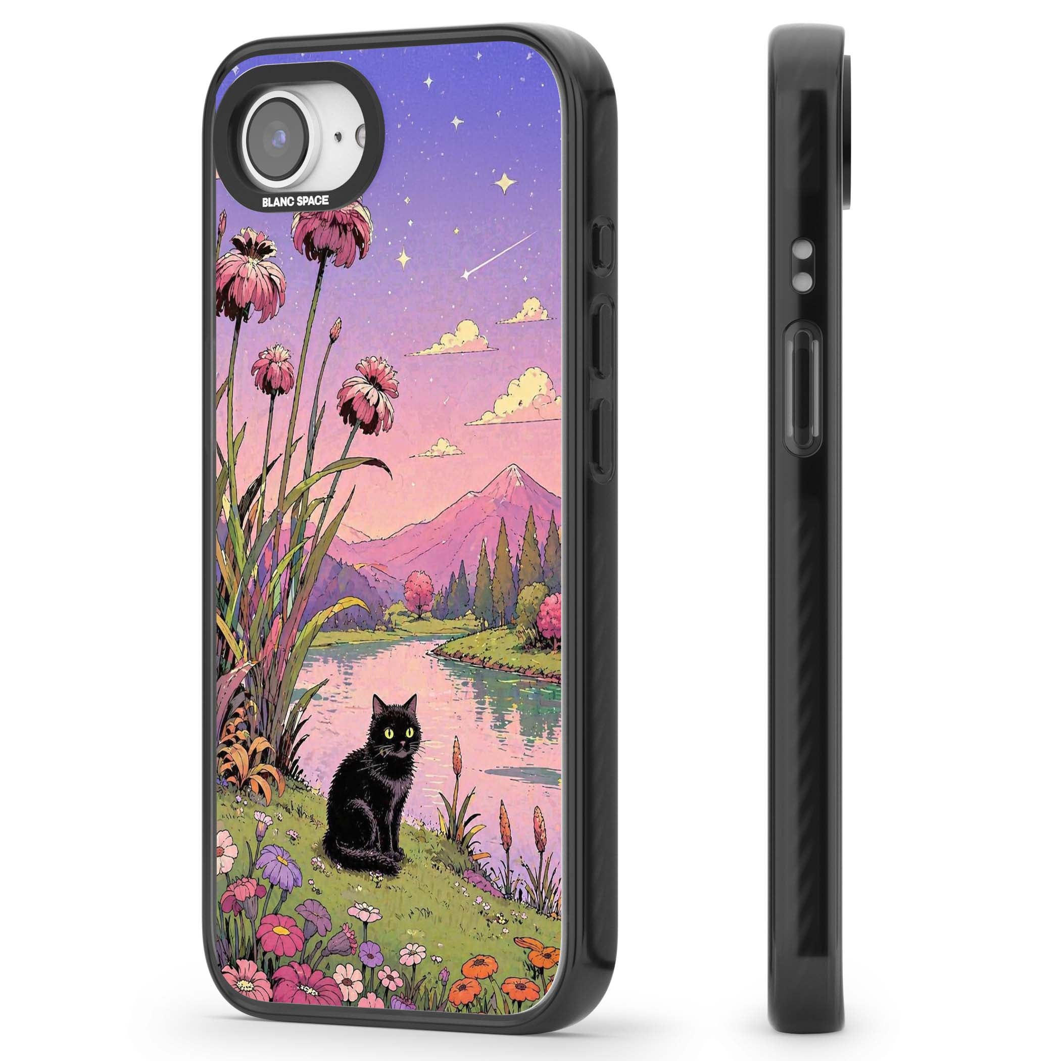 Mystic Whiskers ghibli iPhone case featuring a black cat by a pastel lake, wildflowers and a starry sunset sky | Black Impact case for iPhone 16e, iPhone 17e