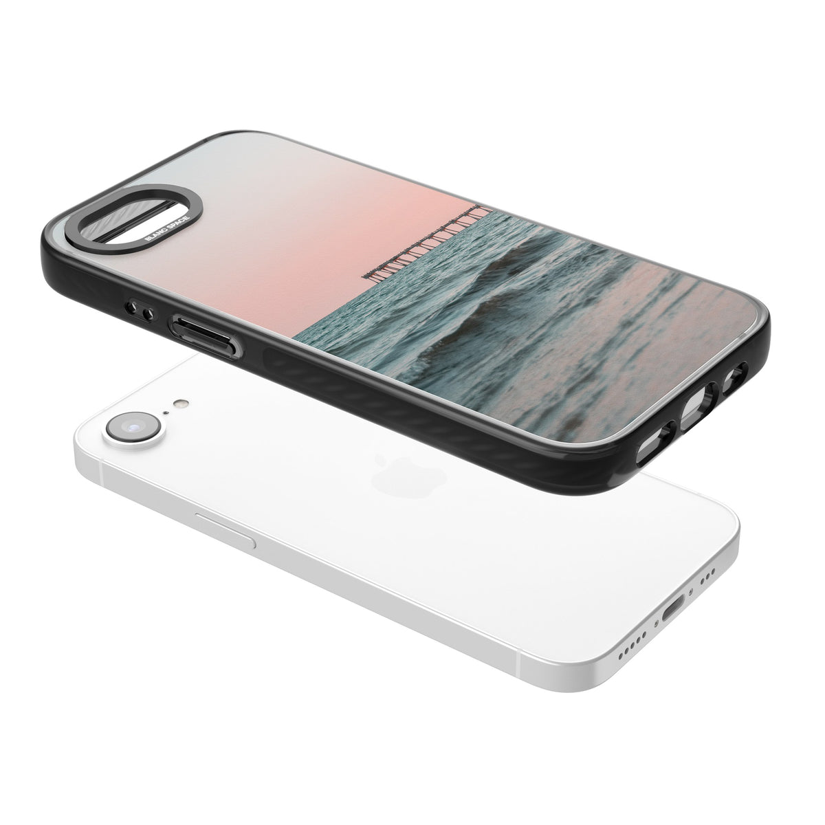 Sunset Pier iPhone 16e / iPhone 17e Impact Black Phone Case angled