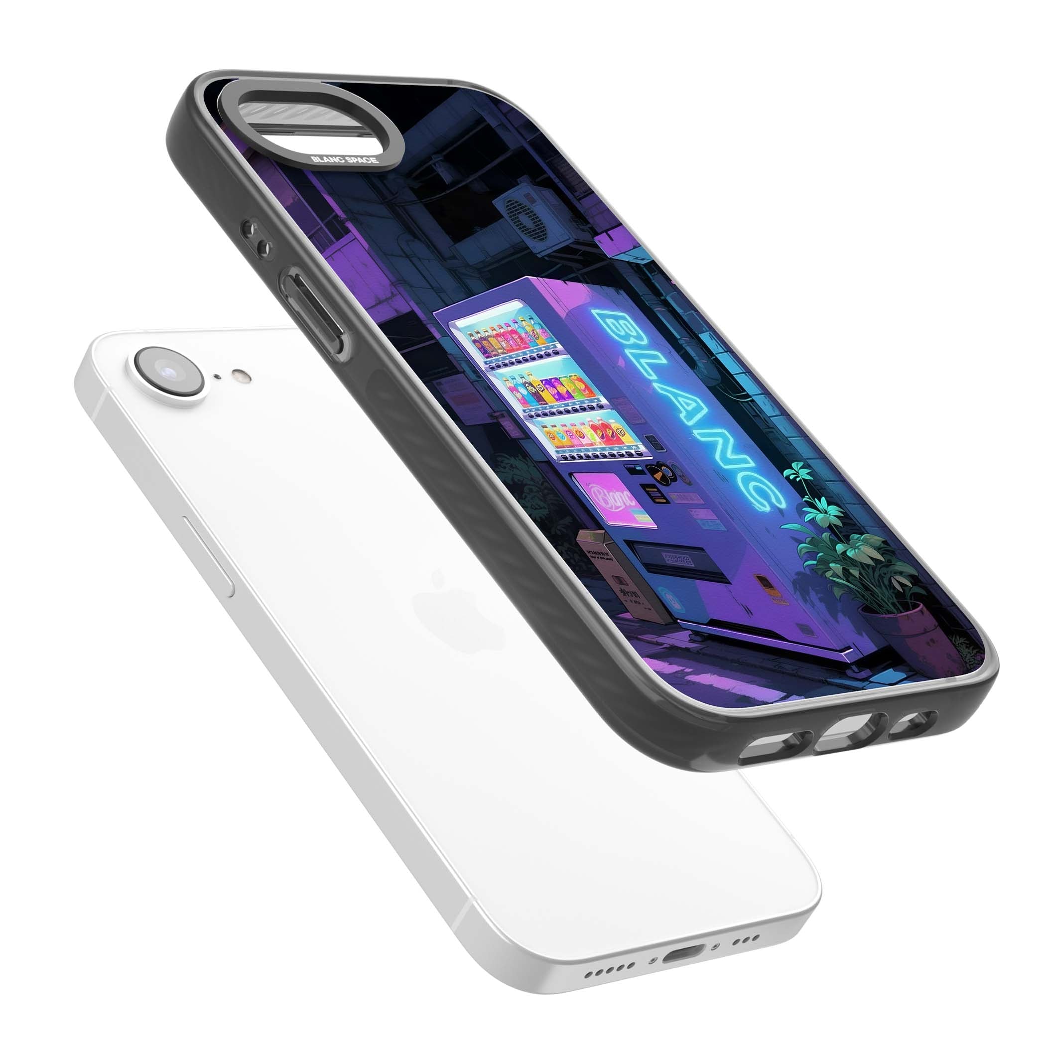Shibuya Glow Japanese iPhone case featuring a glowing Tokyo vending machine, neon signage, and moody purple alleyway | Black Impact case for iPhone 16e, iPhone 17e