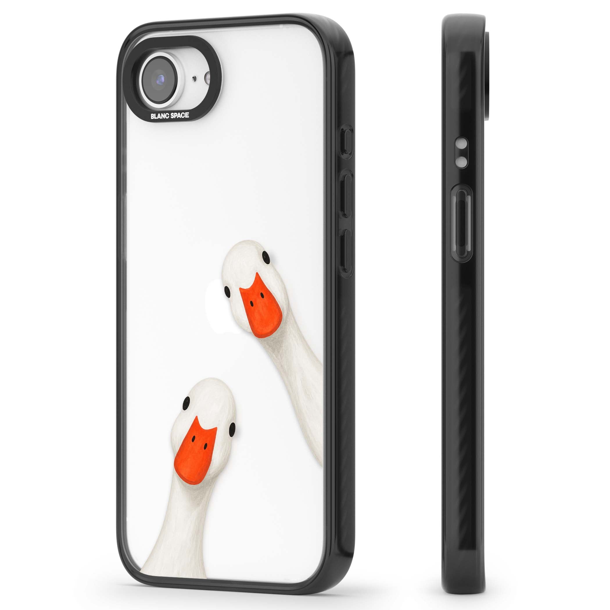 Nosy Ducks cottagecore iPhone case featuring two peeking white ducks with orange beaks on a clear background | Black Impact case for iPhone 16e, iPhone 17e