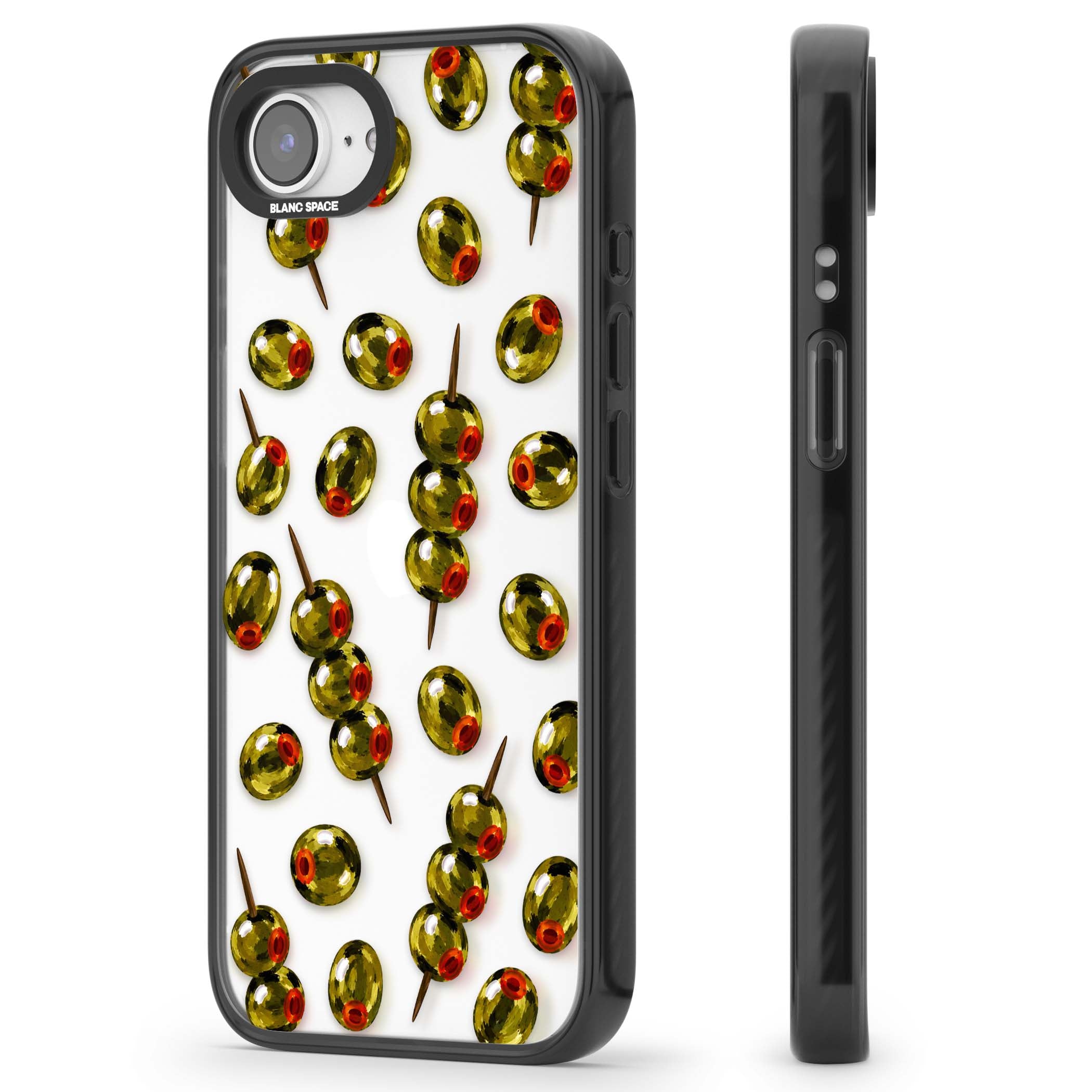 Painted Olives cocktail iPhone case featuring green olives, pimento centres and toothpick skewers on a clear background | Black Impact case for iPhone 16e, iPhone 17e