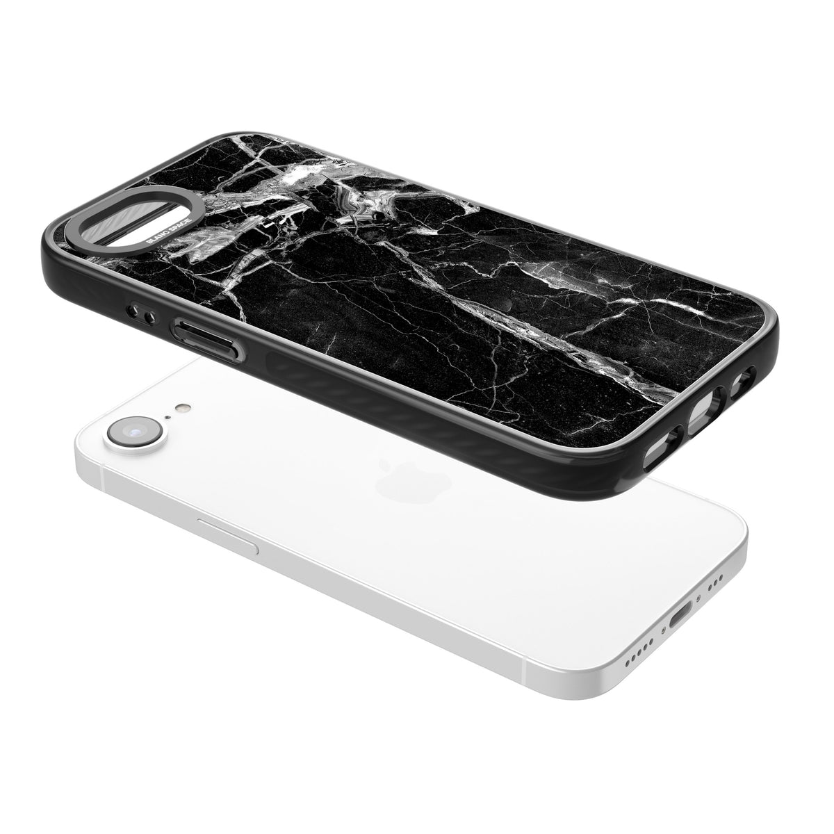 Black Onyx Marble iPhone 16e / iPhone 17e Impact Black Phone Case angled