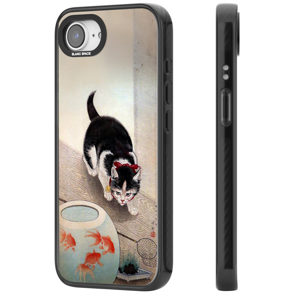 Cat & Goldfish Bowl iPhone 16e / iPhone 17e Impact Black Phone Case side