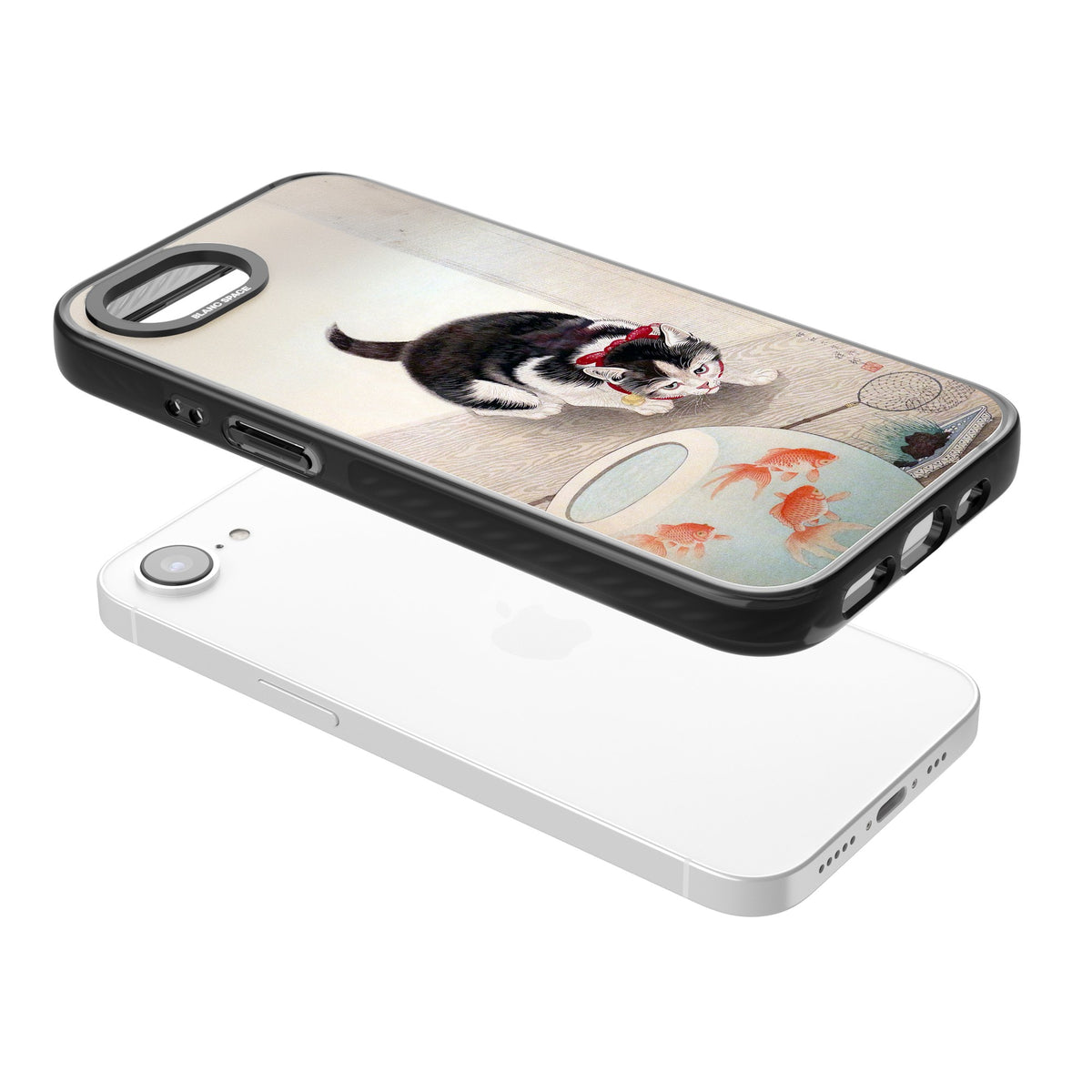 Cat & Goldfish Bowl iPhone 16e / iPhone 17e Impact Black Phone Case angled