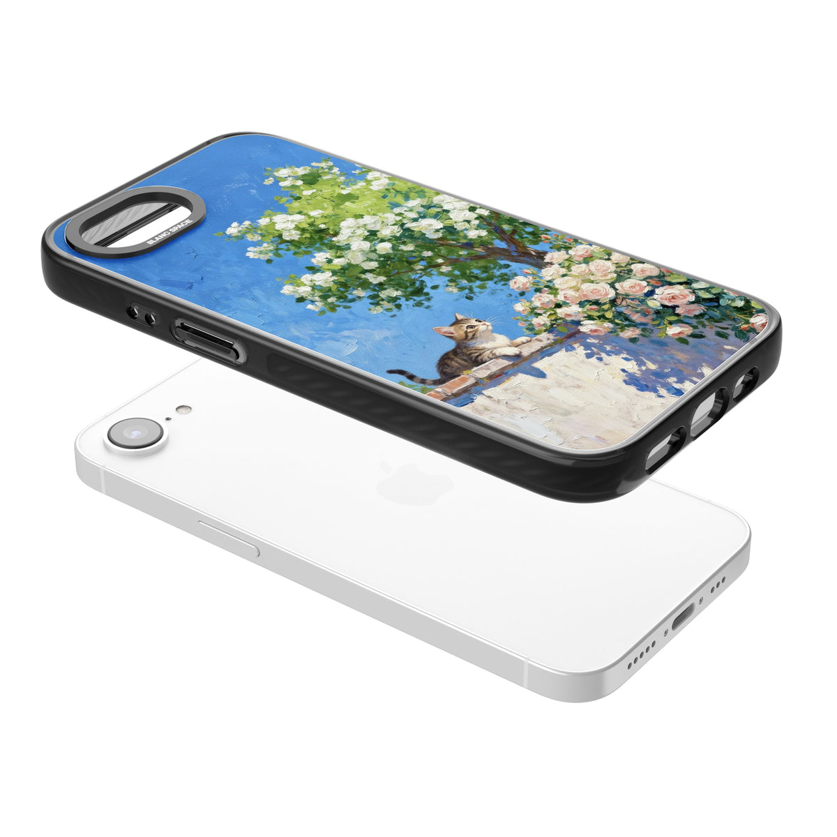 Kitten in Blooming Garden iPhone 16e / iPhone 17e Impact Black Phone Case angled