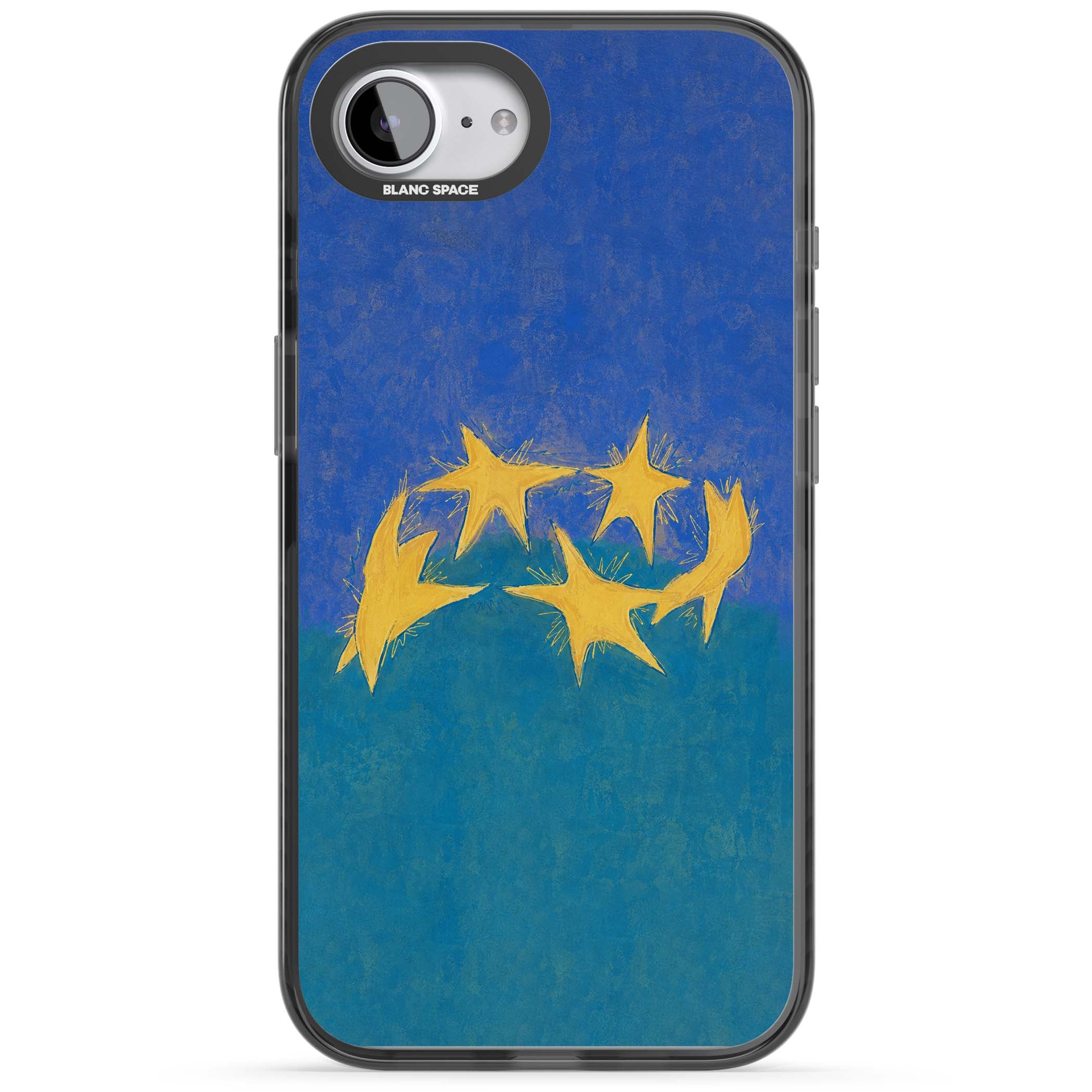 Star Boogie stars aesthetic iPhone case featuring five yellow hand-painted stars on cobalt blue and teal | Black Impact case for iPhone 16e, iPhone 17e