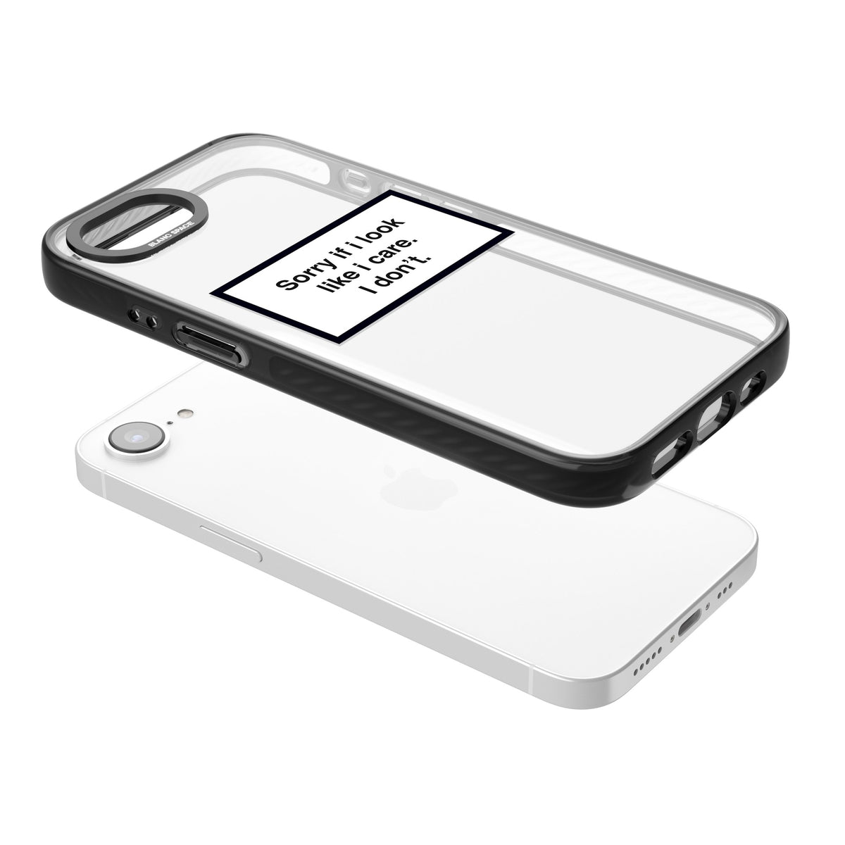 Sorry If I Look Like I Care iPhone 16e / iPhone 17e Impact Black Phone Case angled