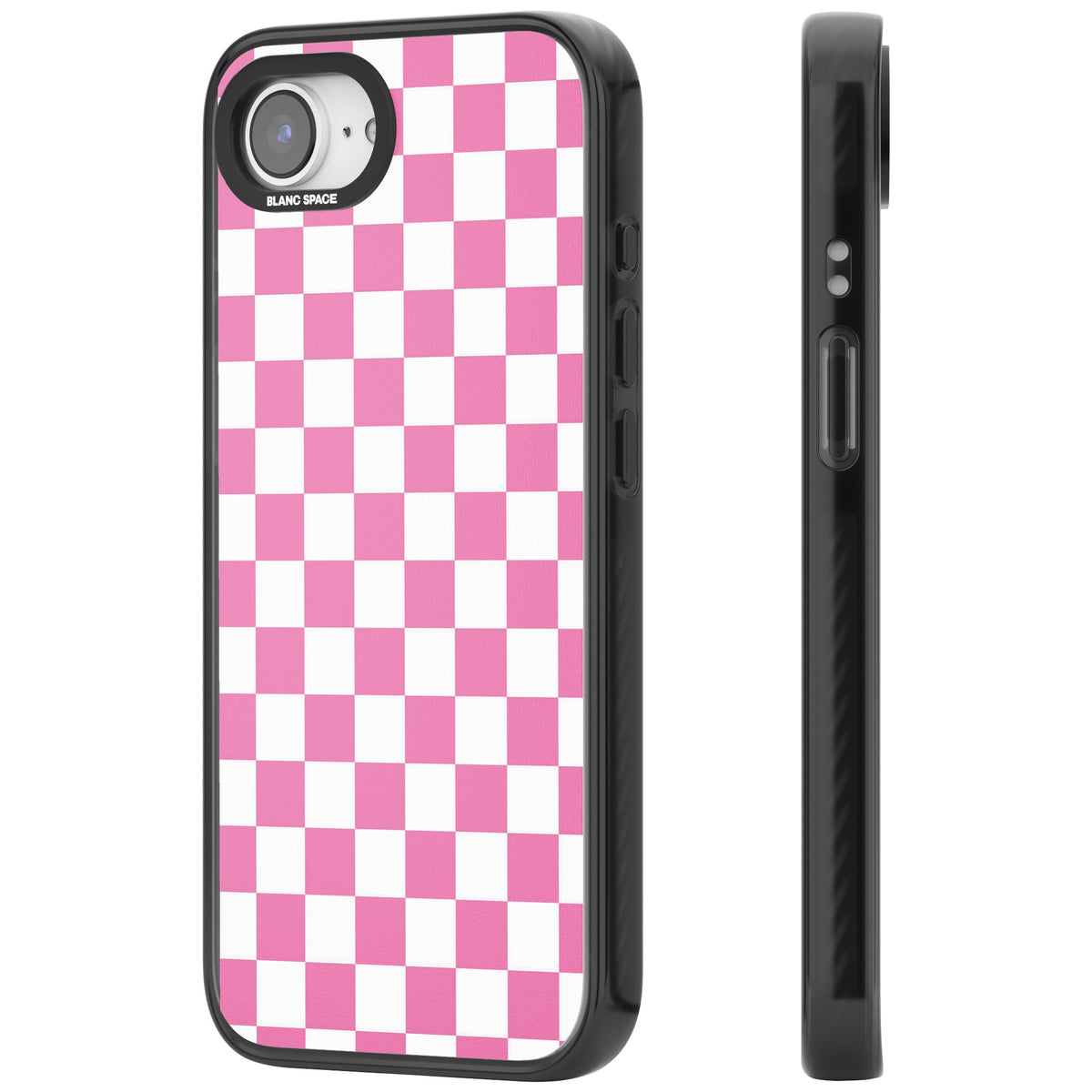 Pink Checkerboard iPhone 16e / iPhone 17e Impact Black Phone Case side
