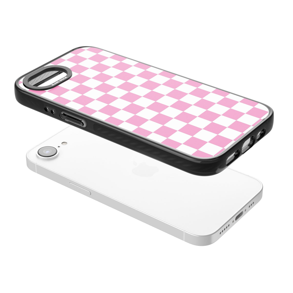 Pink Checkerboard iPhone 16e / iPhone 17e Impact Black Phone Case angled