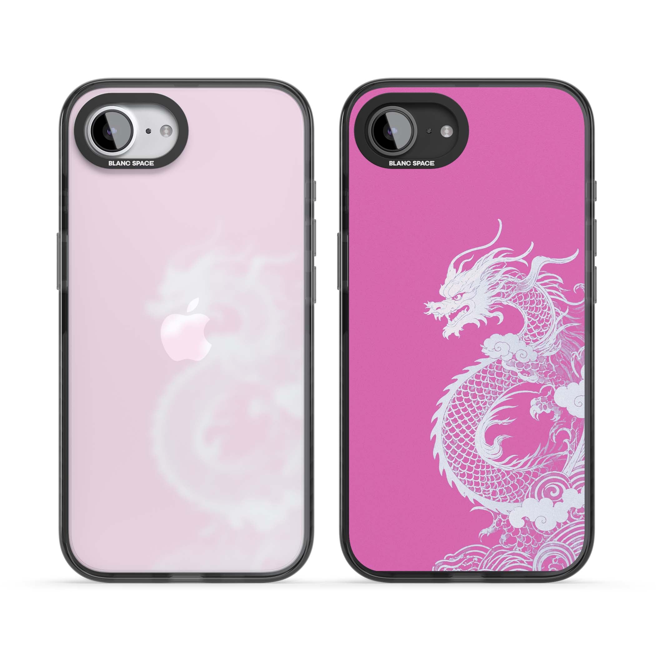 Pink Empress chinese dragon iPhone case featuring a white dragon, swirling clouds and pink dragon wallpaper backdrop | Black Impact case for iPhone 16e, iPhone 17e