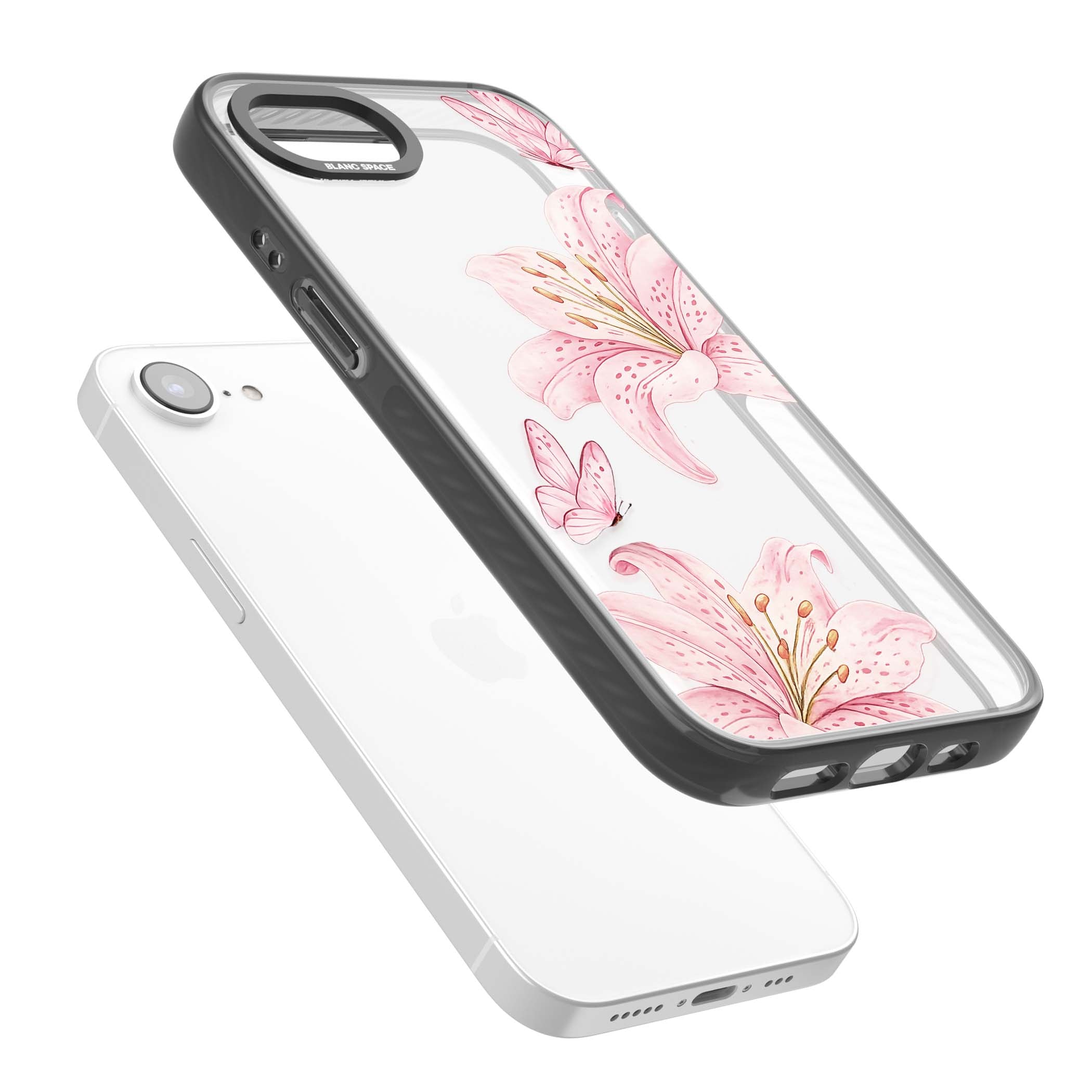Lily Whisper floral iPhone case featuring pink watercolour lilies and delicate butterflies on a clear background | Black Impact case for iPhone 16e, iPhone 17e