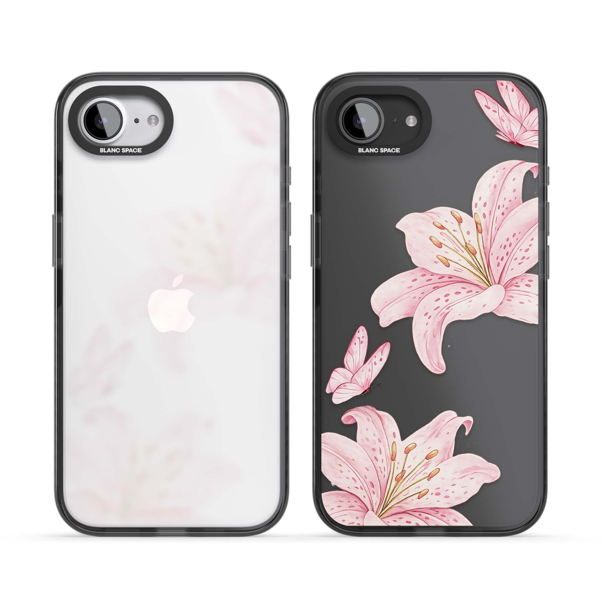 Lily Whisper floral iPhone case featuring pink watercolour lilies and delicate butterflies on a clear background | Black Impact case for iPhone 16e, iPhone 17e