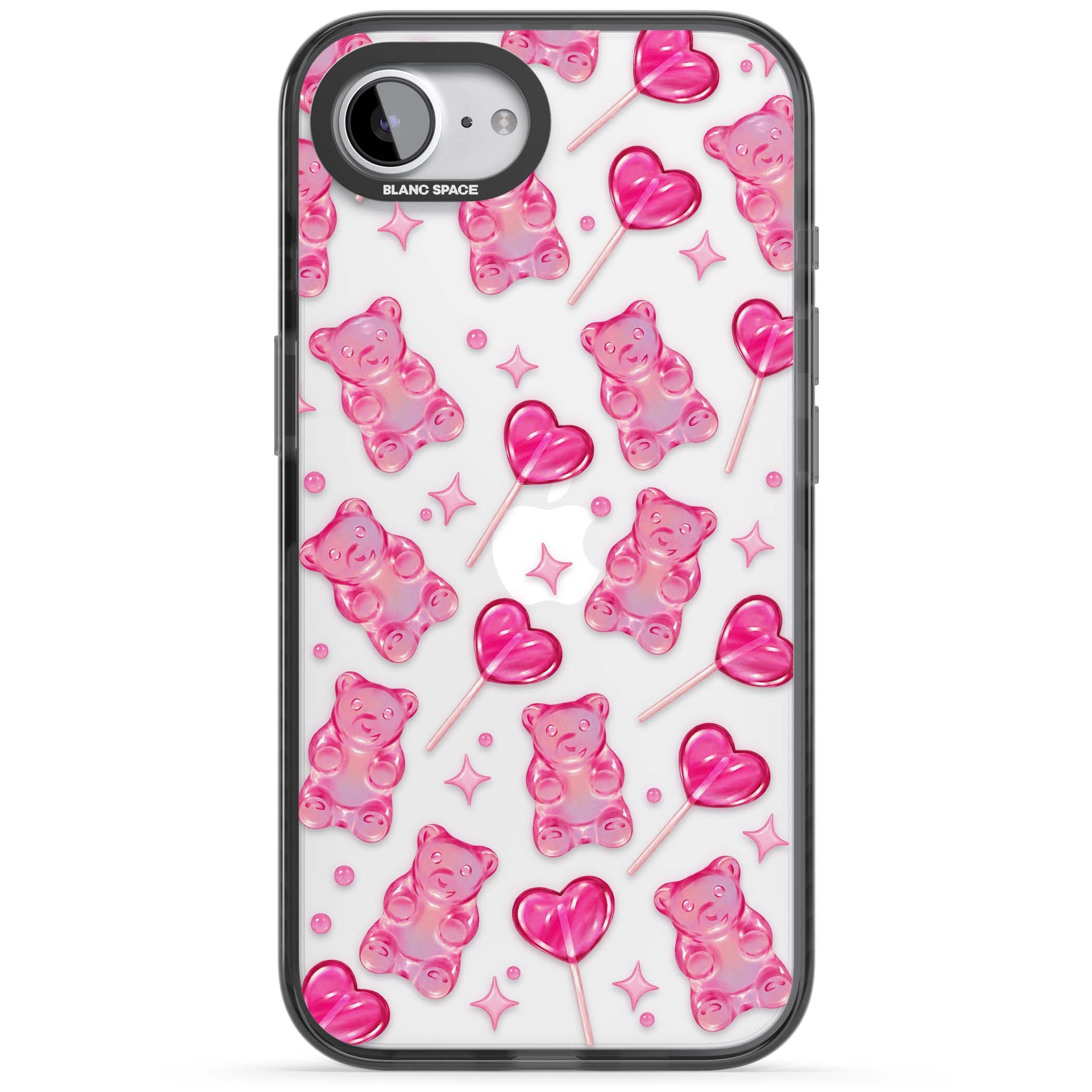 Pink Sugar pinkcore iPhone case featuring pink gummy bears, heart-shaped lollipops and sparkle stars | Black Impact case for iPhone 16e, iPhone 17e