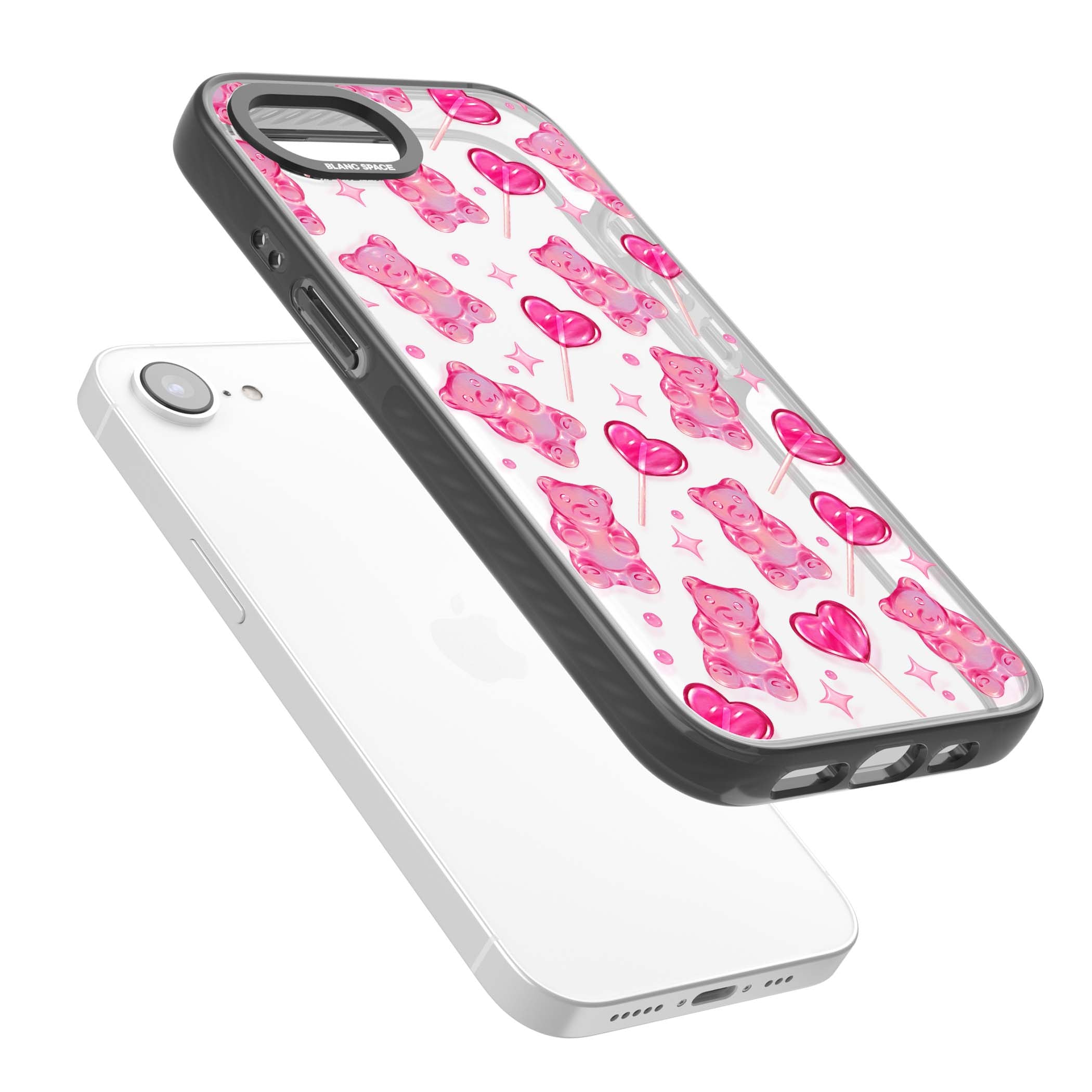 Pink Sugar pinkcore iPhone case featuring pink gummy bears, heart-shaped lollipops and sparkle stars | Black Impact case for iPhone 16e, iPhone 17e