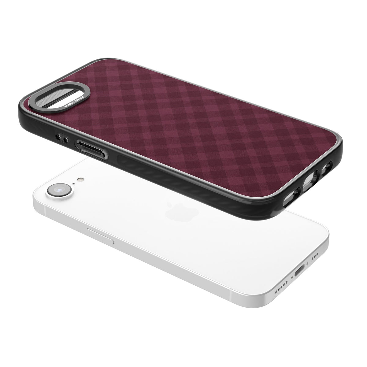 Mulled Wine preppy iPhone case featuring burgundy gingham checks, diagonal plaid lines and a soft woven texture iPhone 16e / iPhone 16E / iPhone 17e Impact Black Phone Case angled