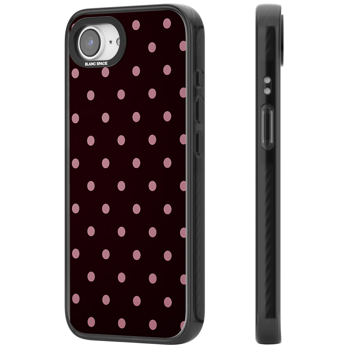 Merlot Dots polka dot iPhone case featuring dusty pink spots on a deep burgundy background in a retro grid iPhone 16e / iPhone 16E / iPhone 17e Impact Black Phone Case side
