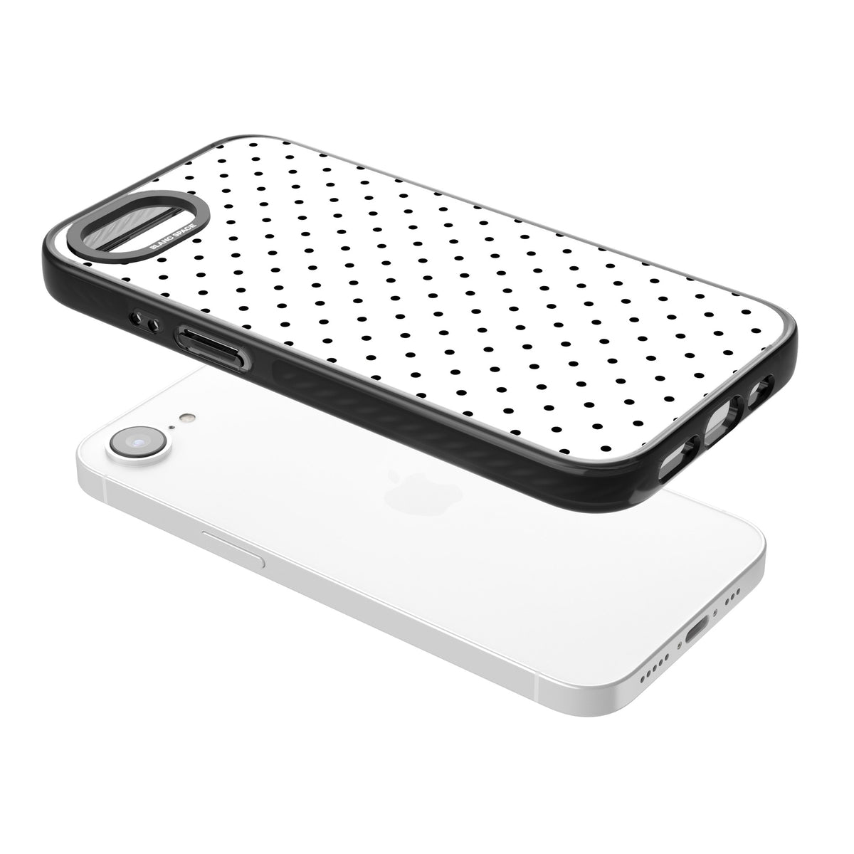 Dalmatian Dots minimal iPhone case featuring small black polka dots on a crisp white background with bold black edges iPhone 16e / iPhone 16E / iPhone 17e Impact Black Phone Case angled