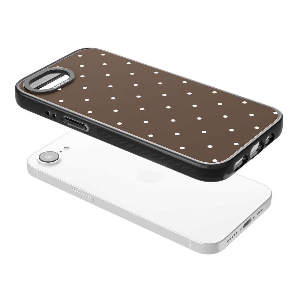 Espresso Dots minimalist iPhone case featuring white polka dots on a rich chocolate brown background iPhone 16e / iPhone 16E / iPhone 17e Impact Black Phone Case angled