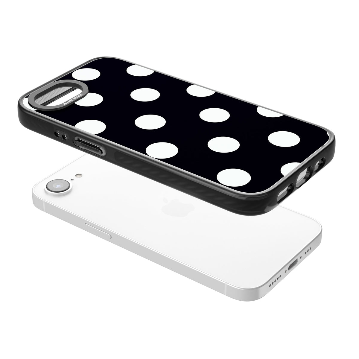 Chic Black Polka Dot iPhone 16e / iPhone 17e Impact Black Phone Case angled
