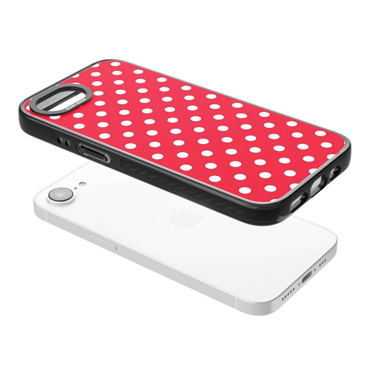 Red Polka Dot iPhone 16e / iPhone 17e Impact Black Phone Case angled