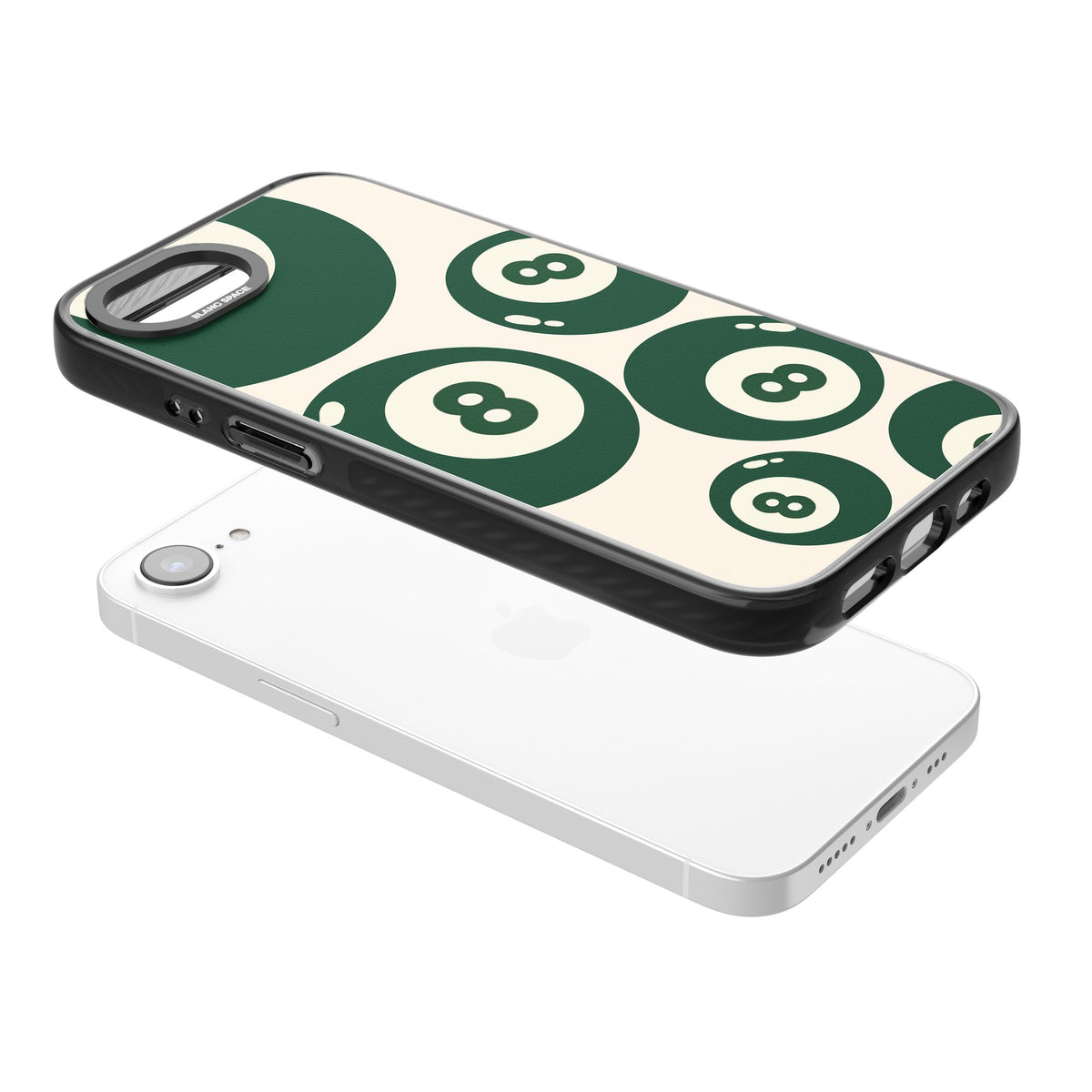 Green Eight Balls iPhone 16e / iPhone 17e Impact Black Phone Case angled
