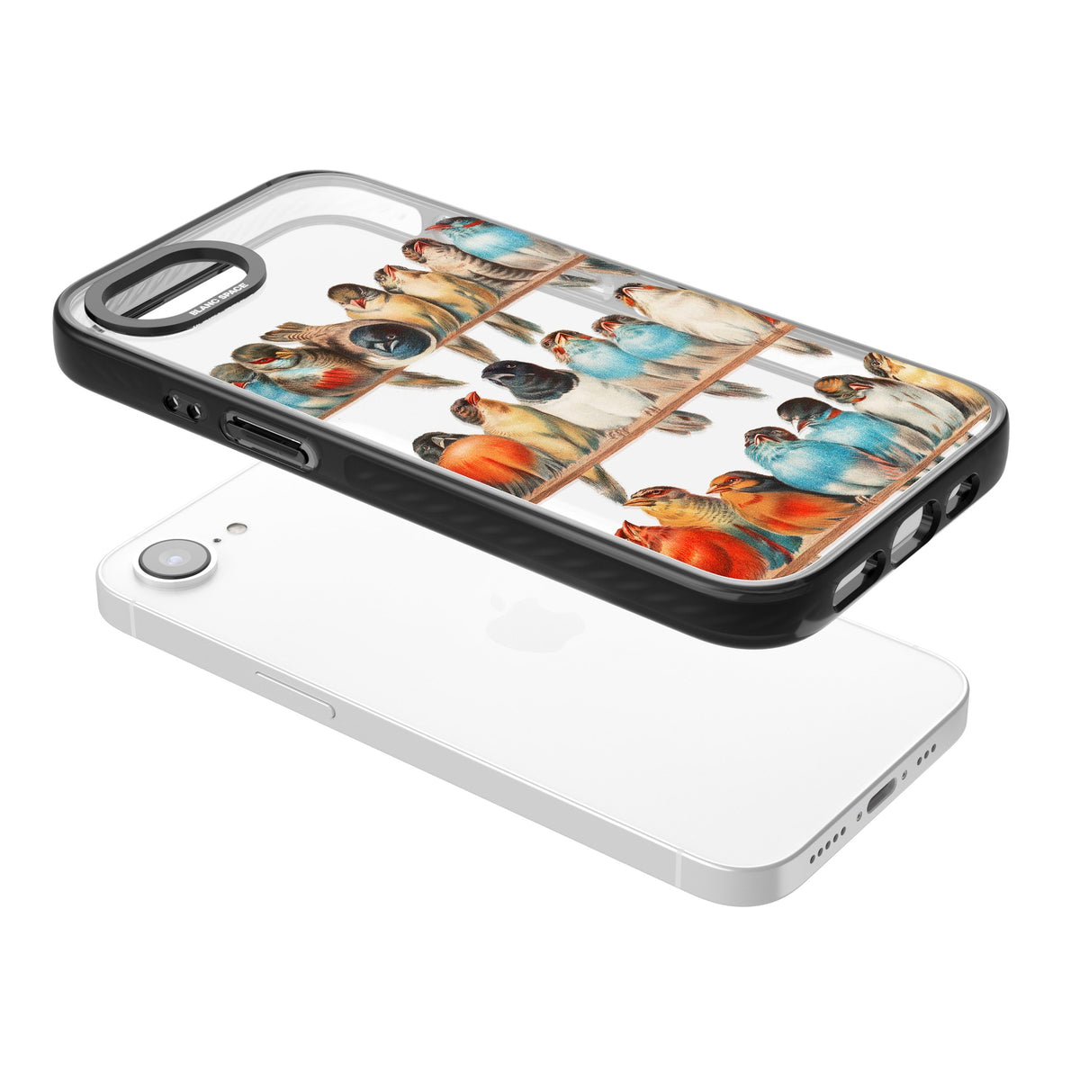 A Perch Of Birds iPhone 16e / iPhone 17e Impact Black Phone Case angled