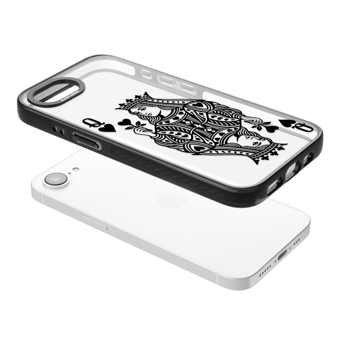 Queen Of Hearts (Black) iPhone 16e / iPhone 17e Impact Black Phone Case angled