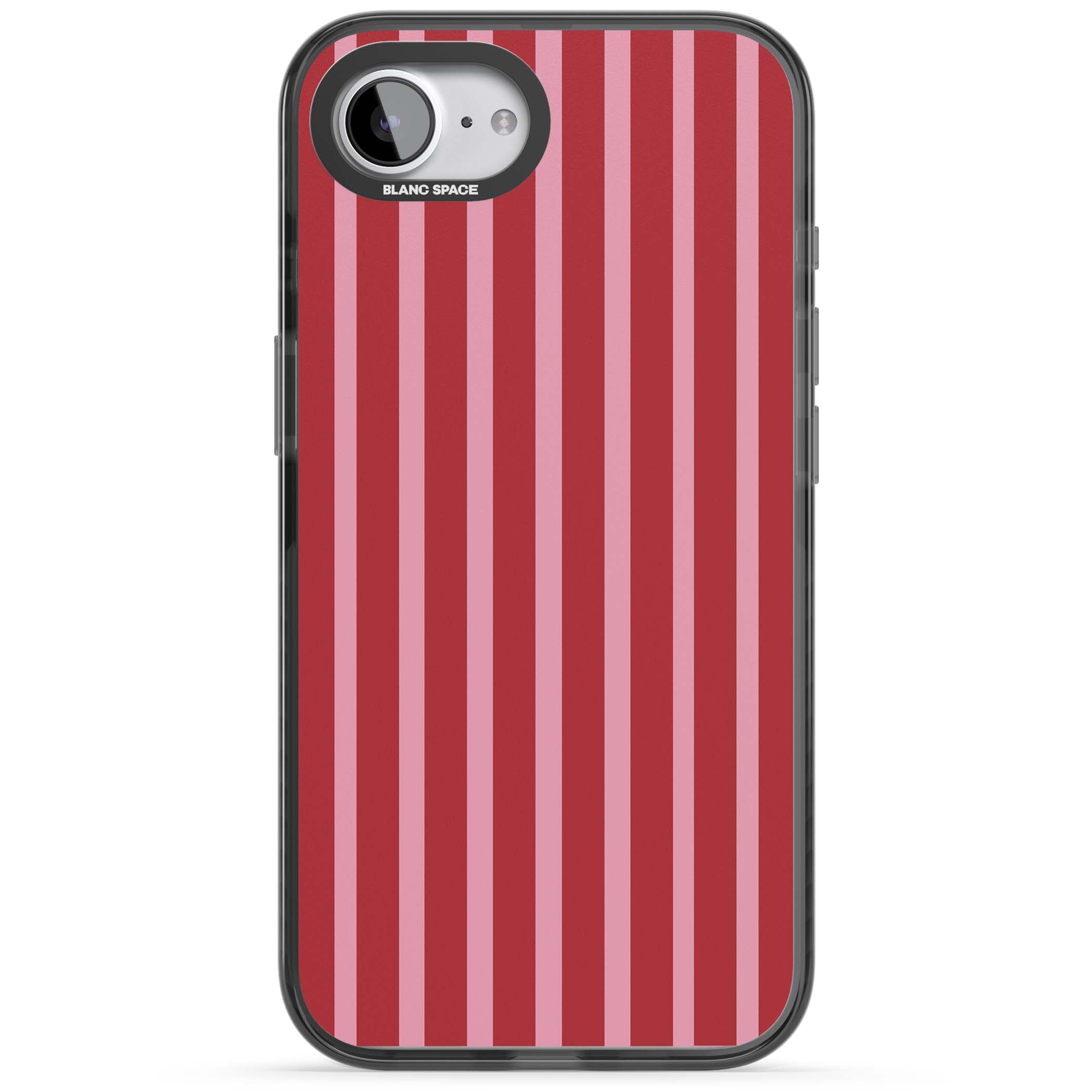 Raspberry Stripe coquette iPhone case featuring red and pink vertical stripes in a candy-inspired pattern | Black Impact case for iPhone 16e, iPhone 17e