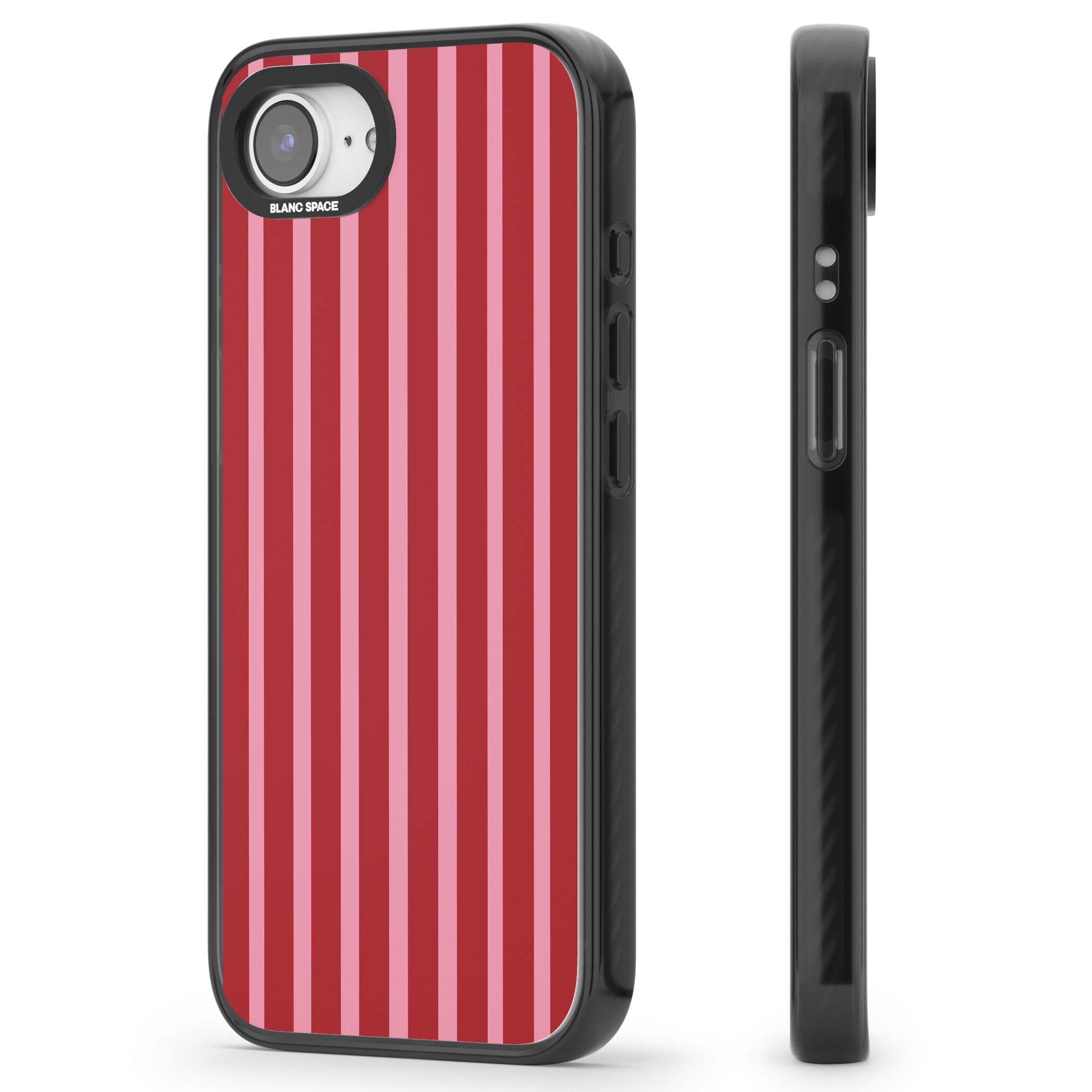 Raspberry Stripe coquette iPhone case featuring red and pink vertical stripes in a candy-inspired pattern | Black Impact case for iPhone 16e, iPhone 17e