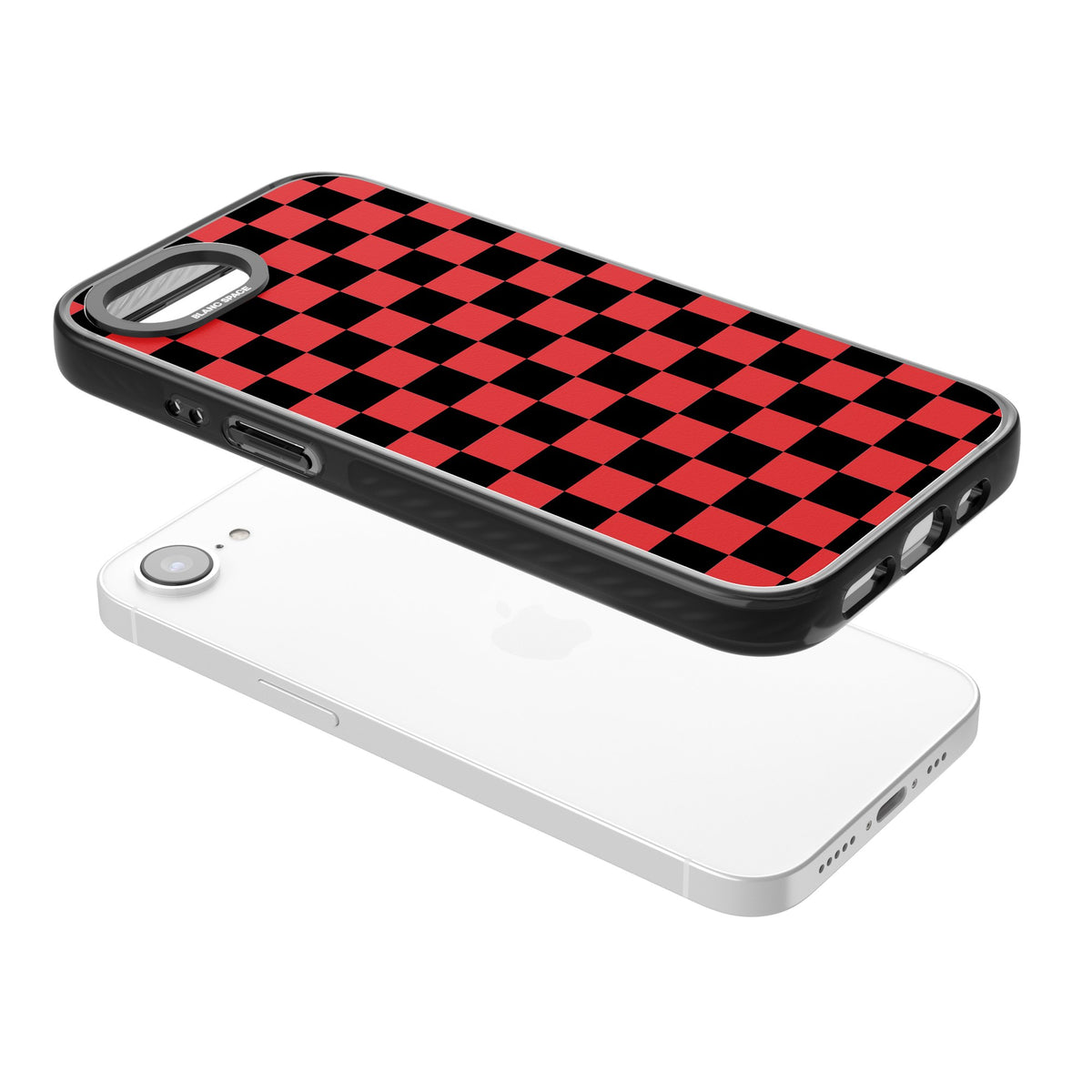 Crimson Check iPhone 16e / iPhone 17e Impact Black Phone Case angled
