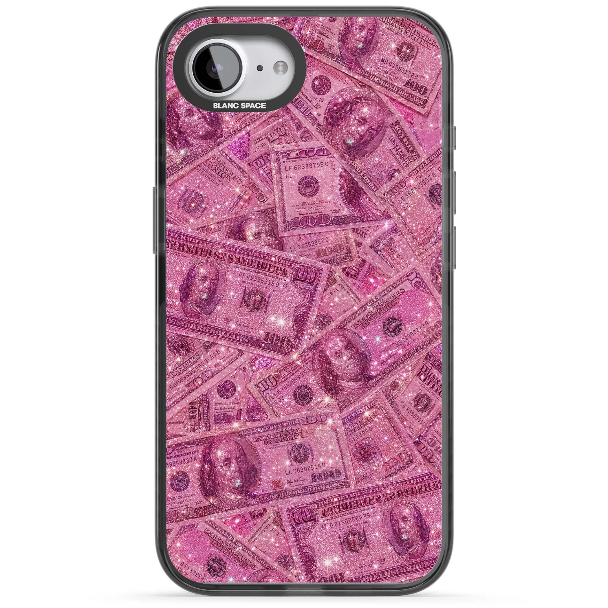 Glamorous baddie iPhone case featuring pink glitter hundred dollar bills and sparkling money wallpaper design | Black Impact case for iPhone 16e, iPhone 17e
