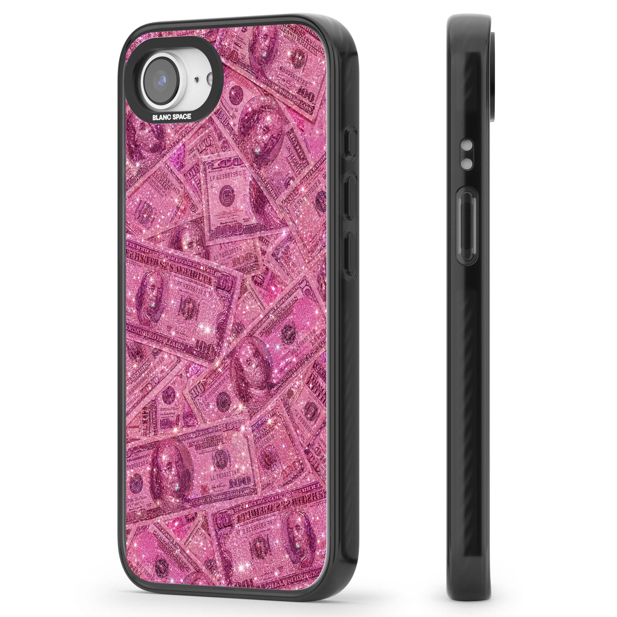 Glamorous baddie iPhone case featuring pink glitter hundred dollar bills and sparkling money wallpaper design | Black Impact case for iPhone 16e, iPhone 17e