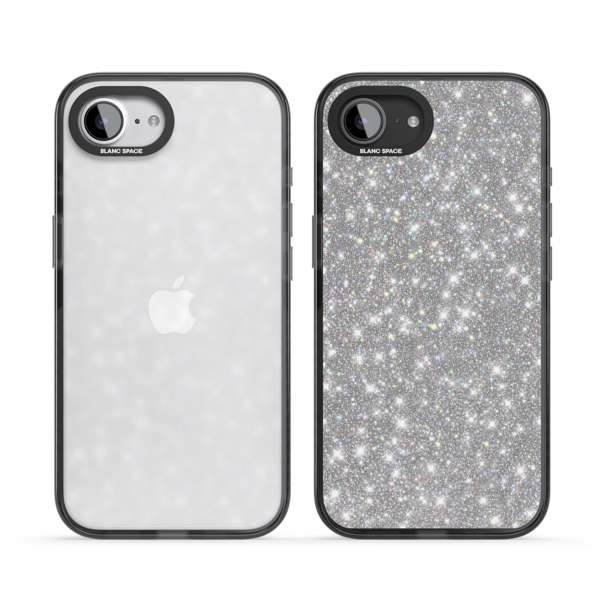 Diamond glam iPhone case featuring silver glitter sparkle and shimmering diamond dust effect | Black Impact case for iPhone 16e, iPhone 17e