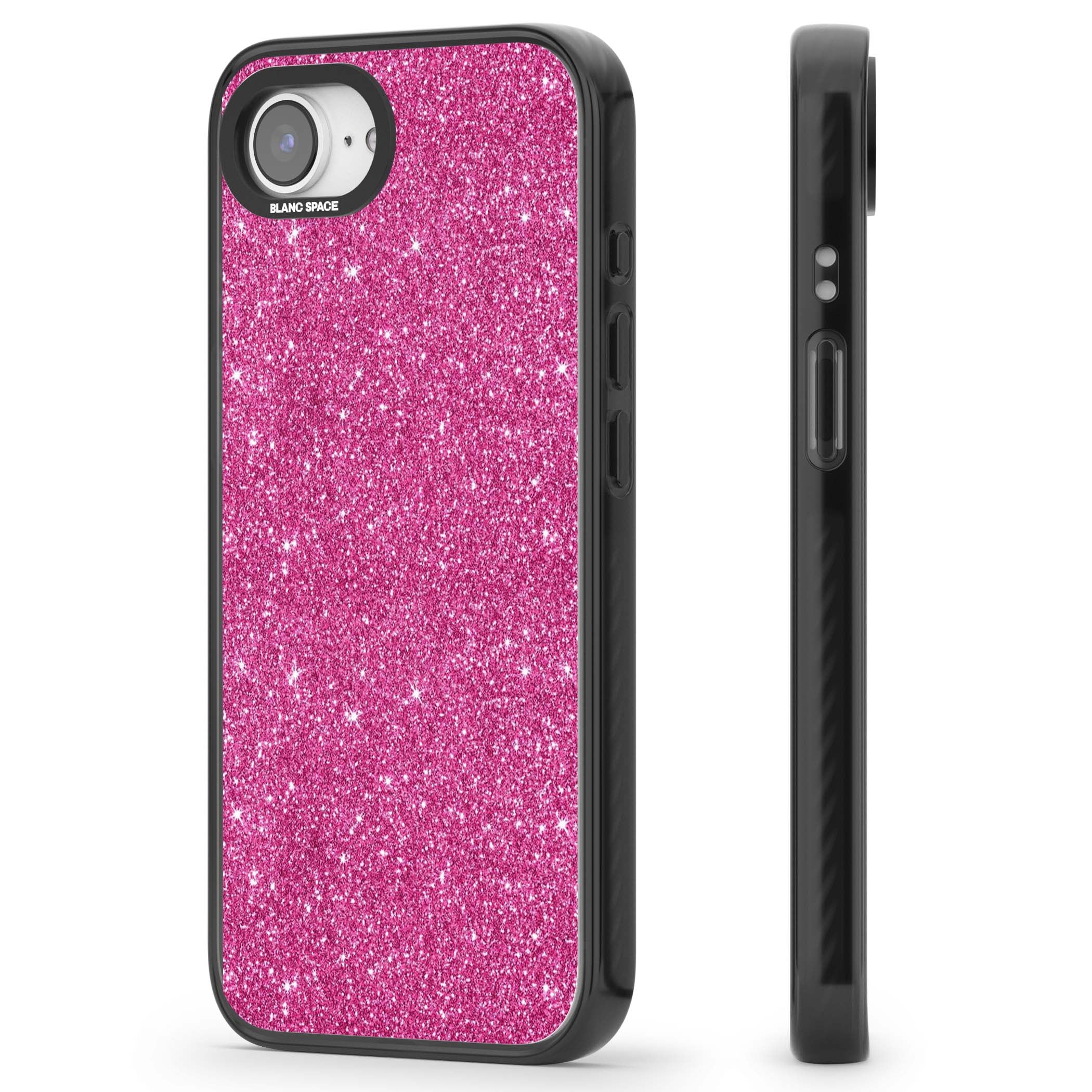 Pink Glitter Y2K iPhone case featuring hot pink glitter wallpaper with sparkle shimmer effect | Black Impact case for iPhone 16e, iPhone 17e