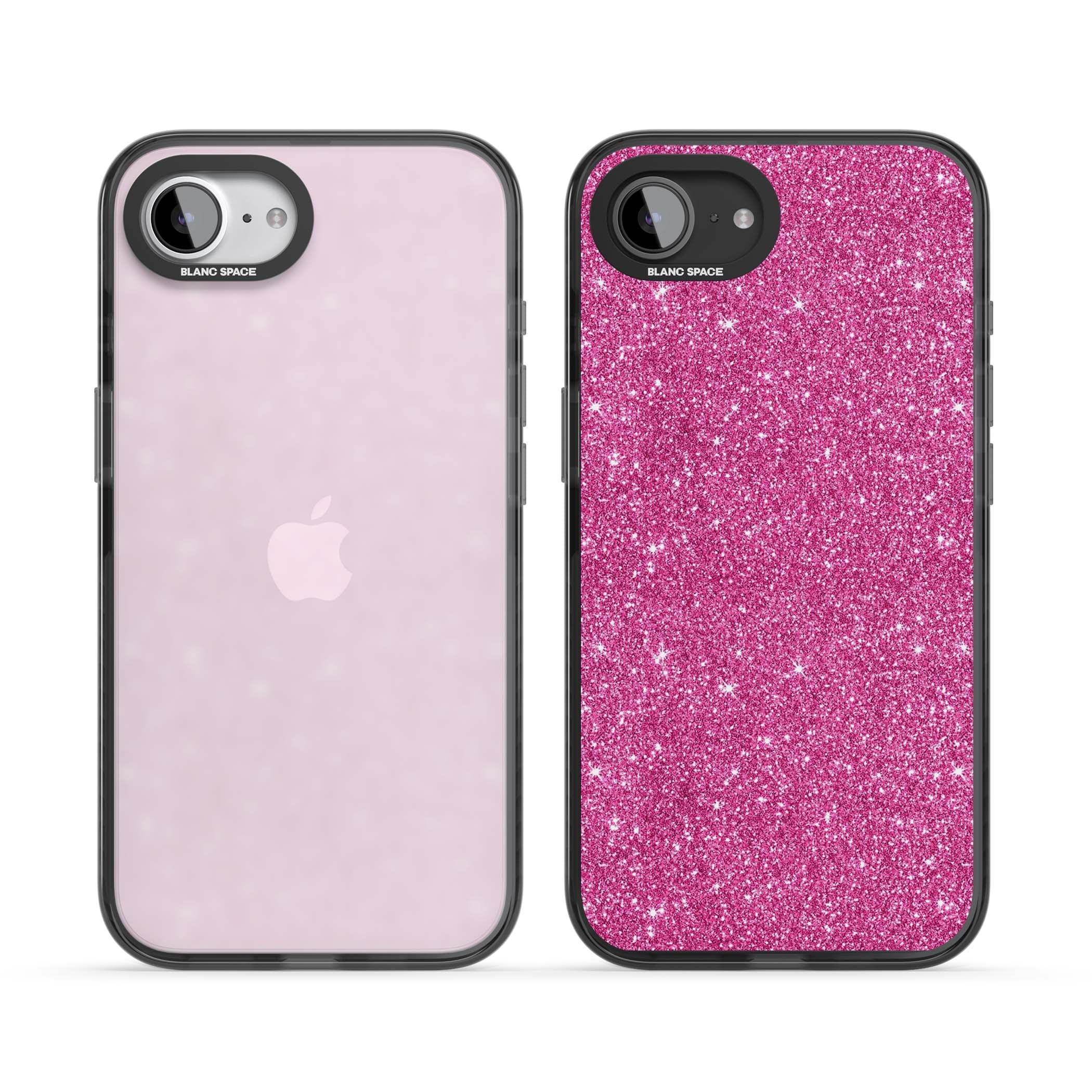 Pink Glitter Y2K iPhone case featuring hot pink glitter wallpaper with sparkle shimmer effect | Black Impact case for iPhone 16e, iPhone 17e