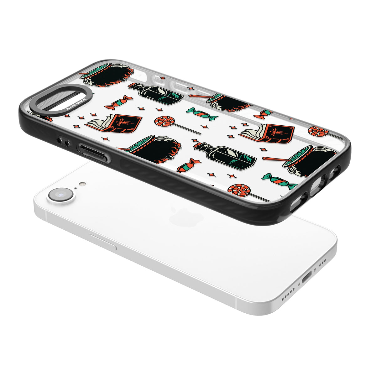 Witch’s Brew & Candy Spell Pattern iPhone 16e / iPhone 17e Impact Black Phone Case angled
