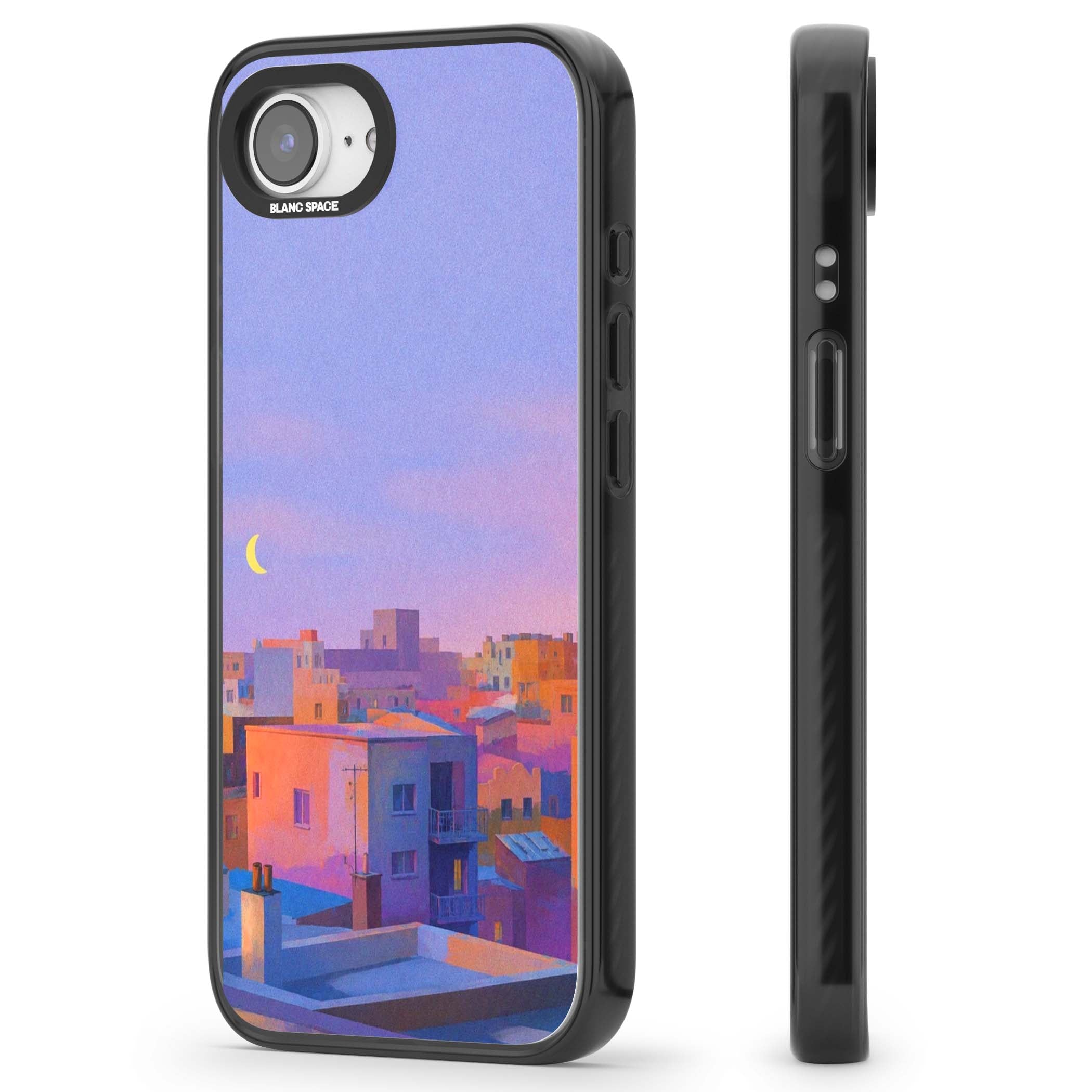 Twilight Rooftops vaporwave iPhone case featuring a pastel sunset cityscape, painted rooftops and a crescent moon. | Black Impact case for iPhone 16e, iPhone 17e