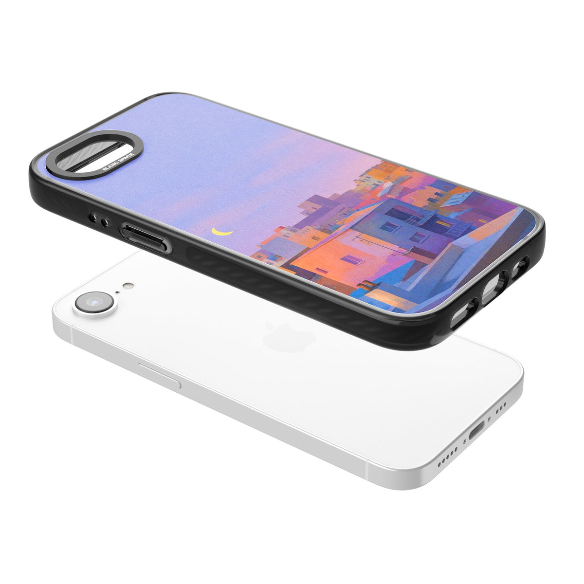 Twilight Rooftops iPhone 16e / iPhone 17e Impact Black Phone Case angled