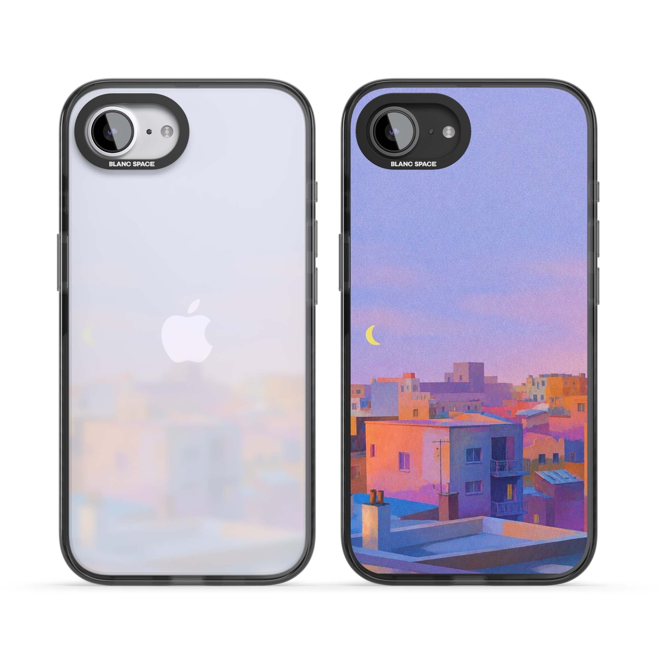 Twilight Rooftops vaporwave iPhone case featuring a pastel sunset cityscape, painted rooftops and a crescent moon. | Black Impact case for iPhone 16e, iPhone 17e