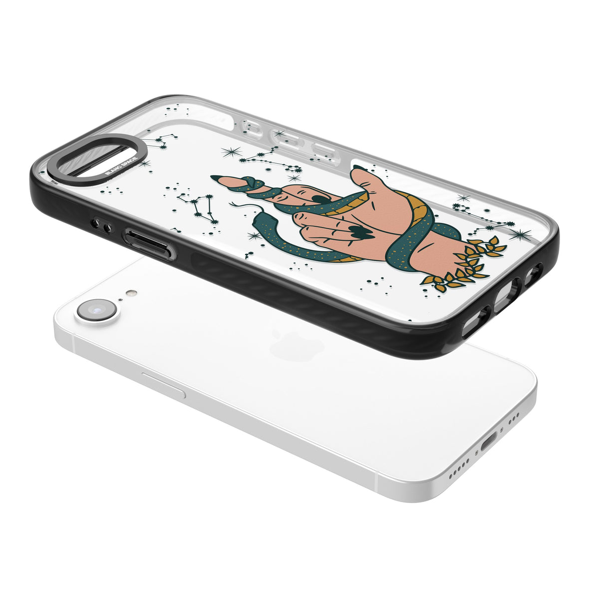 Snakes, Stars And Cynicism iPhone 16e / iPhone 17e Impact Black Phone Case angled