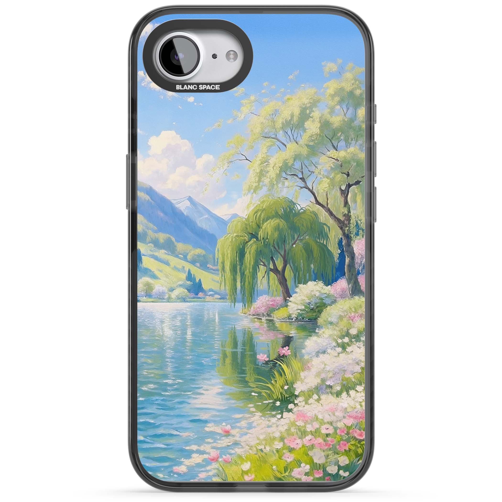 Willow Lake cottagecore iPhone case featuring a painted lakeside with weeping willow, blossoms and distant mountains | Black Impact case for iPhone 16e, iPhone 17e