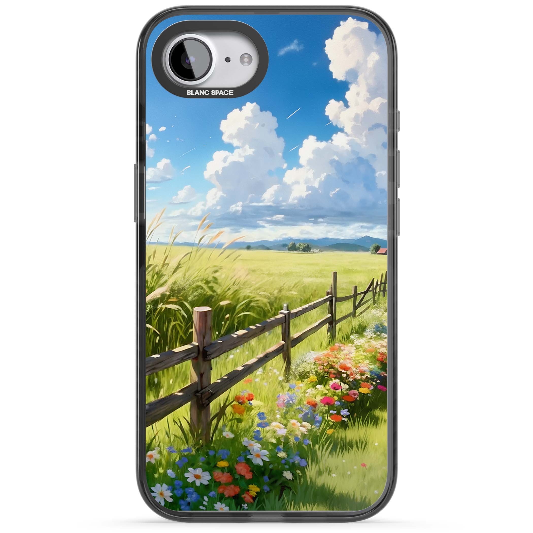 A Countryside Afternoon cottagecore iPhone case featuring a painted countryside meadow, wooden fence, and wildflowers beneath | Black Impact case for iPhone 16e, iPhone 17e