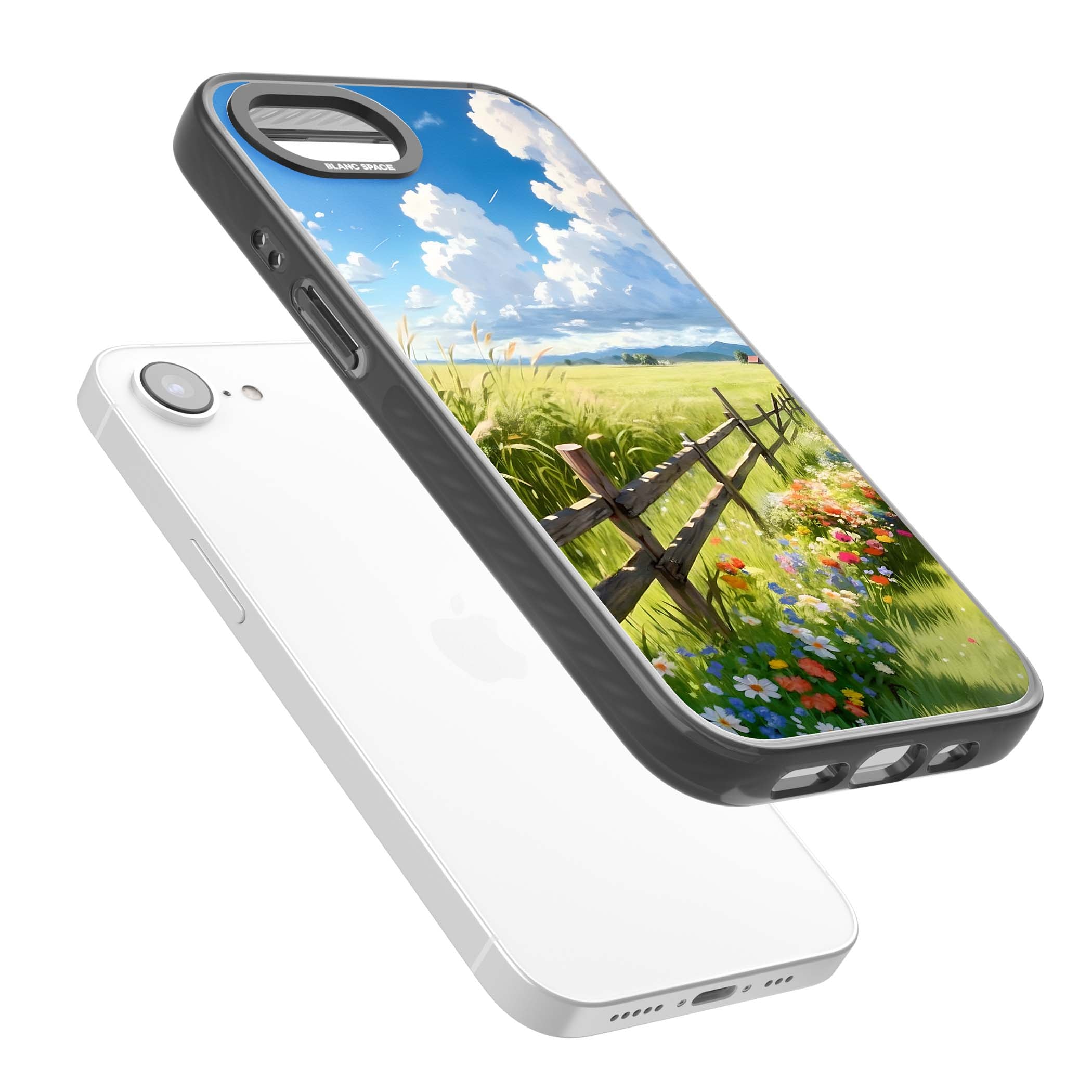 A Countryside Afternoon cottagecore iPhone case featuring a painted countryside meadow, wooden fence, and wildflowers beneath | Black Impact case for iPhone 16e, iPhone 17e