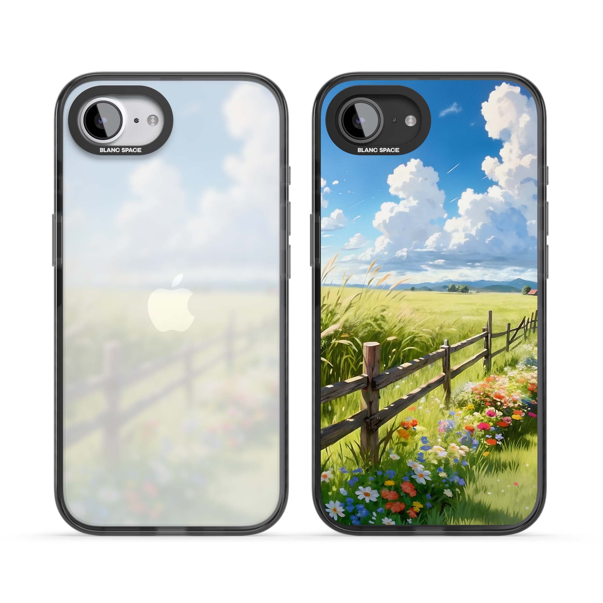 A Countryside Afternoon cottagecore iPhone case featuring a painted countryside meadow, wooden fence, and wildflowers beneath | Black Impact case for iPhone 16e, iPhone 17e